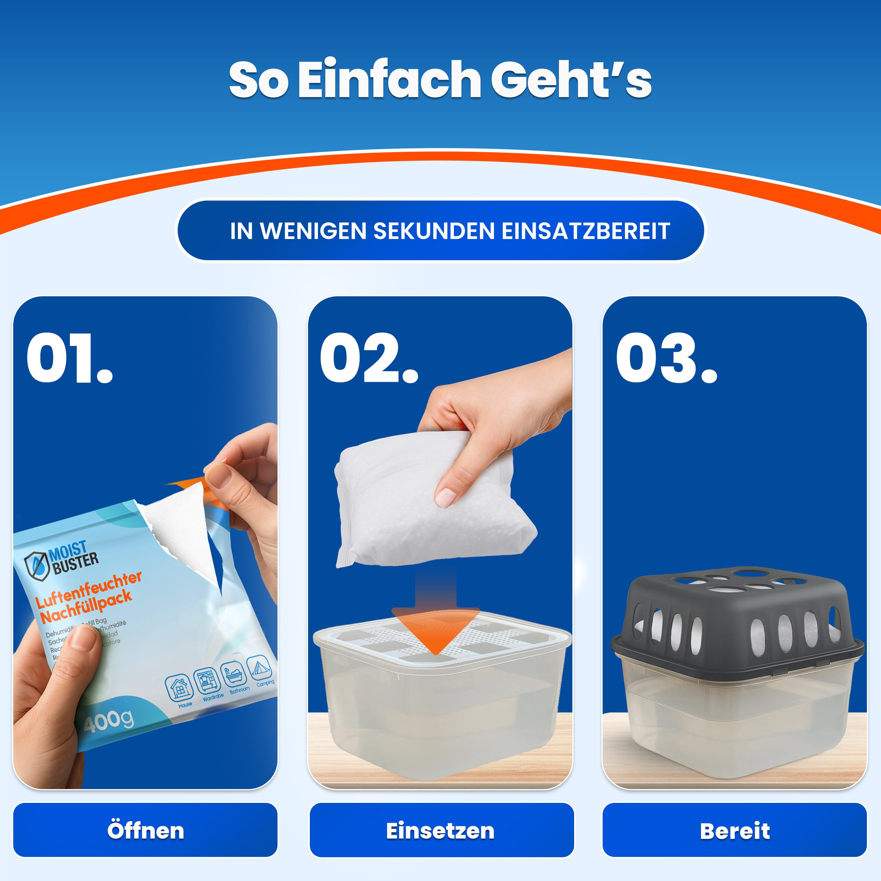MoistBuster Luftentfeuchter-Nachfüllpack gegen Schimmel und Gerüche I Luftentfeuchter Granulat, für MoistBuster, Spar-Set, 12 x 400g Nachfüllpacks – Bild 5 von 5