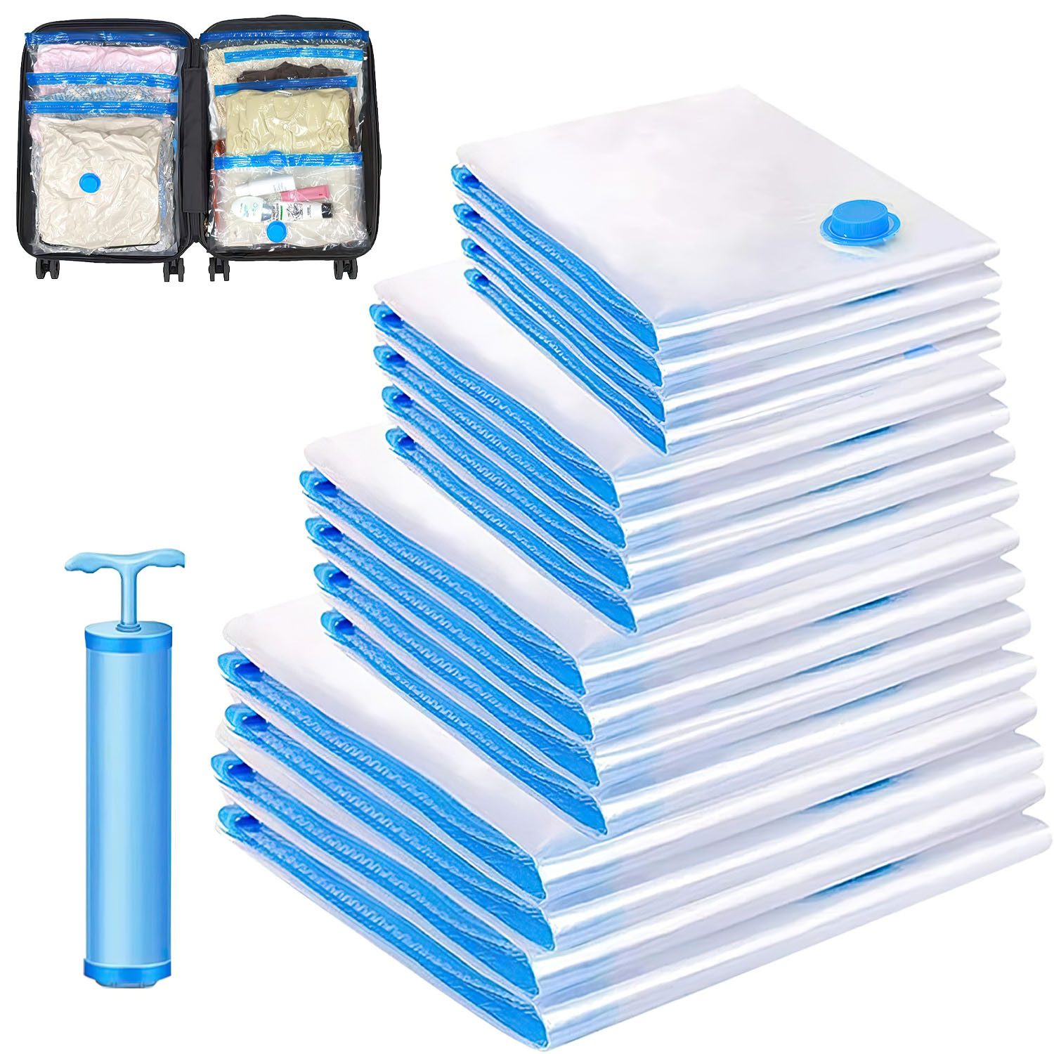 HEYHIPPO Kofferorganizer Vakuum-Kompressionsbeutel, Aufbewahrungsbeutel für Kleidung, 20 Stück (Geeignet zum Verpacken von Kleidung und zum Ordnen des Kleiderschranks, Transparenter Gepäck-Organizer in vier Größen), Komprimiertes Volumen, wiederverwendbar, kein Auslaufen