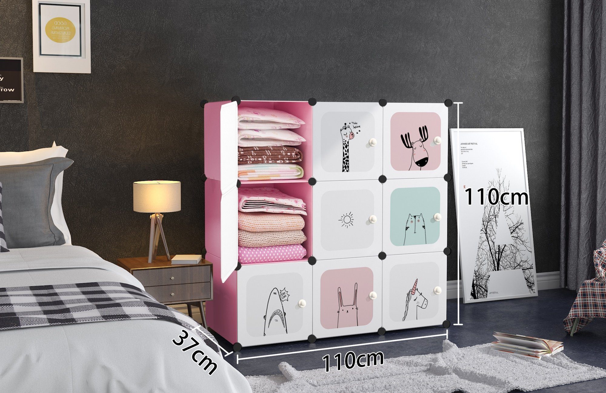 Türen Modularer Schrank in 9 Collective für mit -Steckregal, pink Kammerkapazität, kg Kinderkleiderschrank Polypropylenplatten, 3 Märchendruck, Kombischrank Kids Kinder,