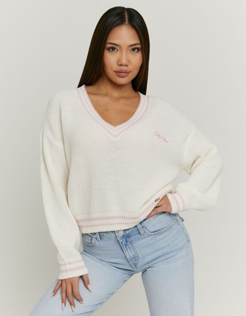 Tally Weijl Strickpullover SPUACKARIBOU Kunstfaser, mit tiefem V-Ausschnitt im College-Stil