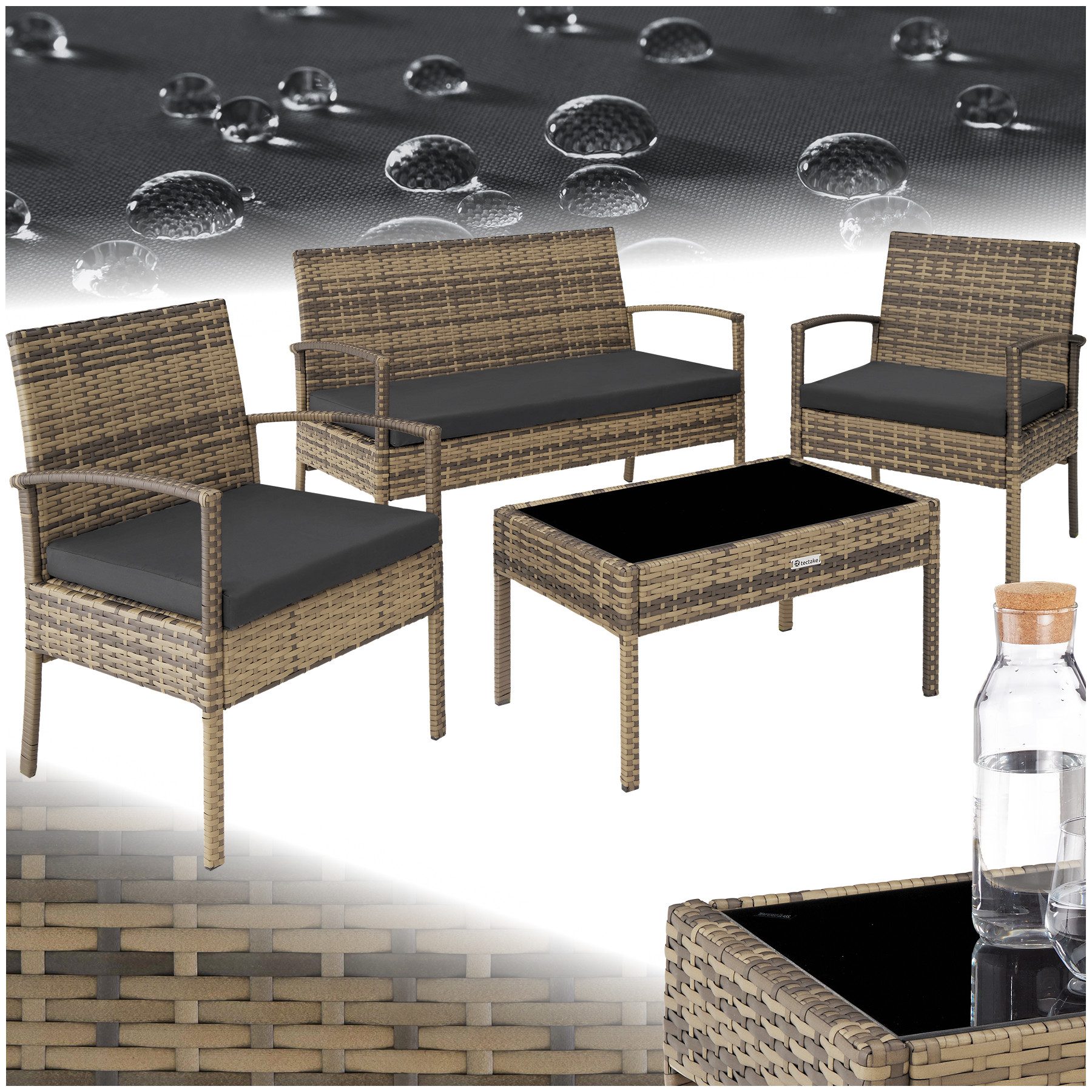Sitzgruppe Rattan Gartenlounge für 4 Personen, mit Sicherheitsglasplatte