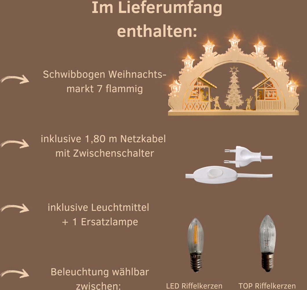 Weigla Schwibbogen Weihnachtsmarkt, Lichterbogen aus Holz, NATUR, Made in Germany (1-tlg), Erzgebirge garantiert, Weihnachtsdeko Innen, Weihnachtsbeleuchtung
