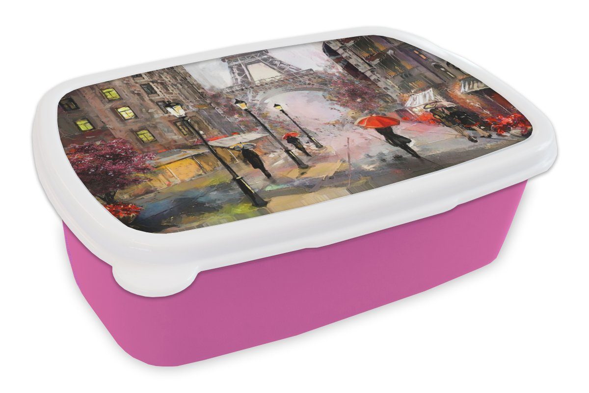 MuchoWow Lunchbox Gemälde - Paris - Eiffelturm - Regenschirm - Ölgemälde, Kunststoff, (2-tlg), Brotbox für Erwachsene, Brotdose Kinder, Snackbox, Mädchen, Kunststoff rosa