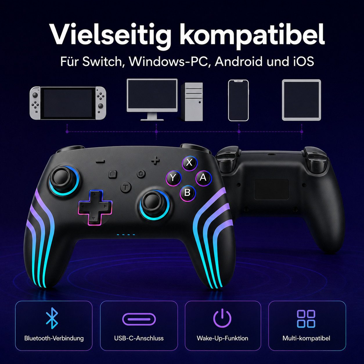 Tekoo Wireless Controller für Nintendo Switch & PC, Hall-Effekt, RGB Controller (Packung, Hall-Effekt-Joysticks, 6-Achsen-Gyroskop, RGB-Beleuchtung)