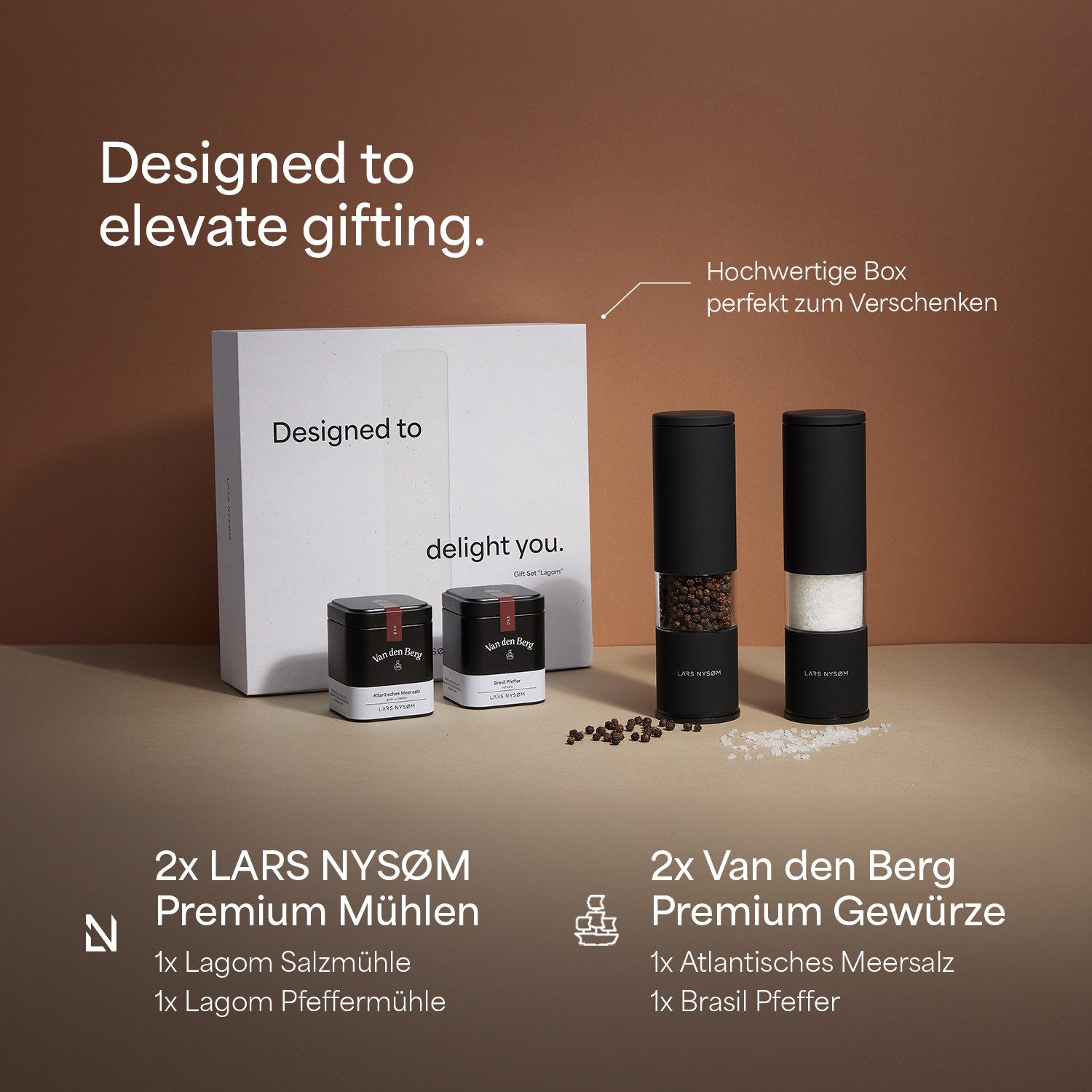 LARS NYSØM Gewürzmühle Lagom manuelle Bedienung, (2 Stück), Hochwertiges Geschenkset mit 2 Mühlen und 2 Gewürzen