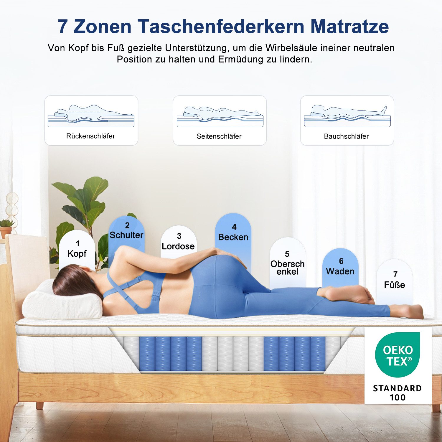 Taschenfederkernmatratze Matratze, 7 Zone Federkernmatratze Matratzen mit Spannbettlaken, Lexzurn, 25 cm hoch, (Atmungsaktiv, Rückenentlastung, Orthopädisch, Matratze 90x200 cm oder 140x200 cm), Taschenfederkernmatratze