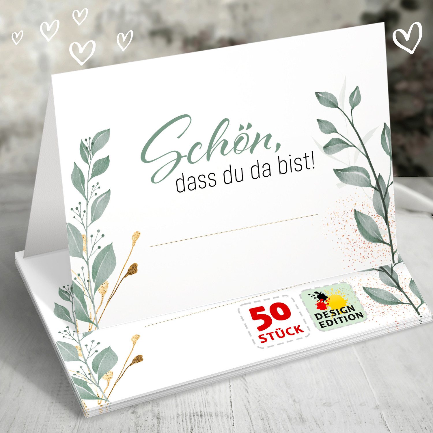 Funke & Brand Grußkarten 50x Tischkarten Hochzeit Schön, dass du da bist Floral Grün Gold