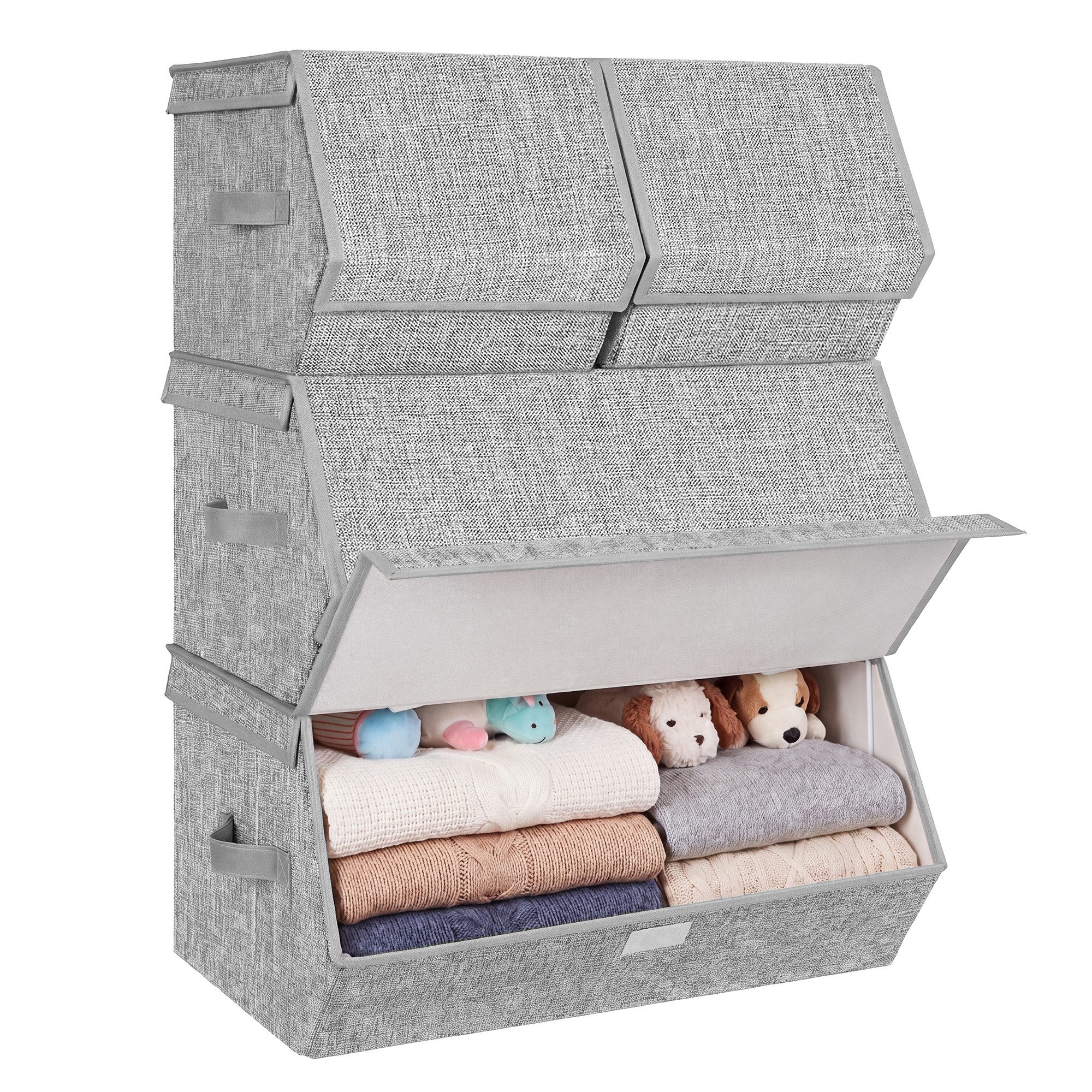 SONGMICS Aufbewahrungsbox mit Magnetverschluss, Stoffboxen Aufbewahrung, mit Deckel, 4er Set Kleiderschrank-Organizer, stapelbar