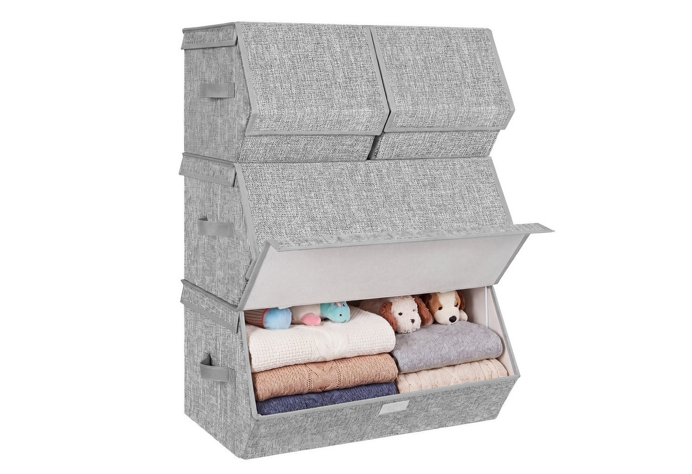SONGMICS Aufbewahrungsbox mit Magnetverschluss, Stoffboxen Aufbewahrung, mit Deckel, 4er Set Kleiderschrank-Organizer, stapelbar
