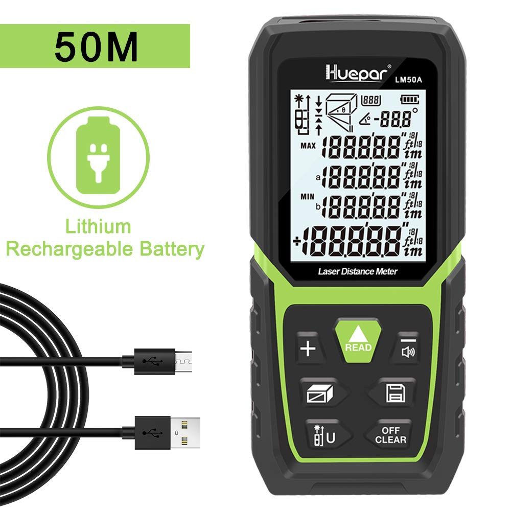 Huepar Kreuzlinienlaser Huepar Entfernungsmesser mit Li-Ion-Akku Winkelsensor 50m/100m/120mv