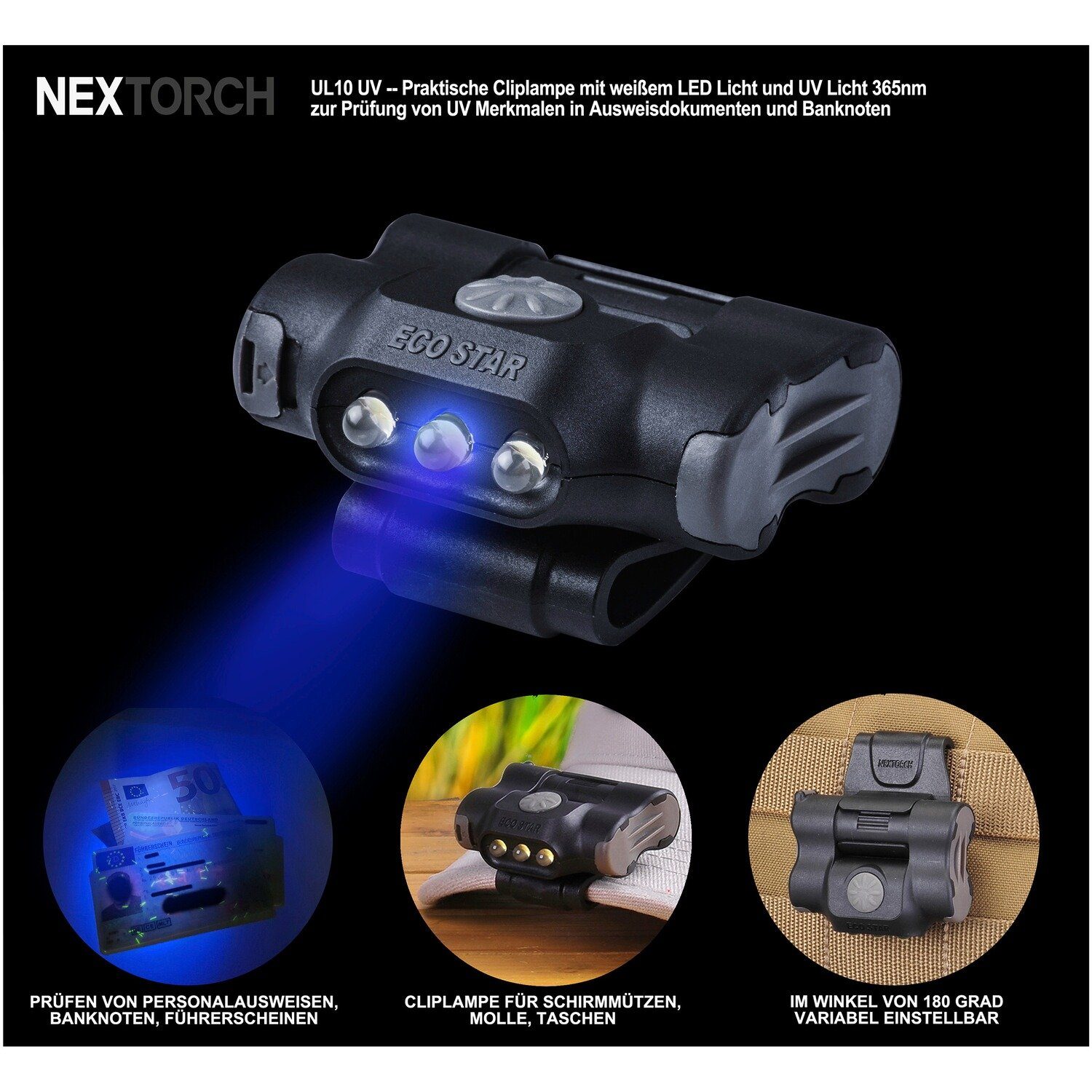 Cliplampe UV-Licht UL10UV mit Taschenlampe Nextorch