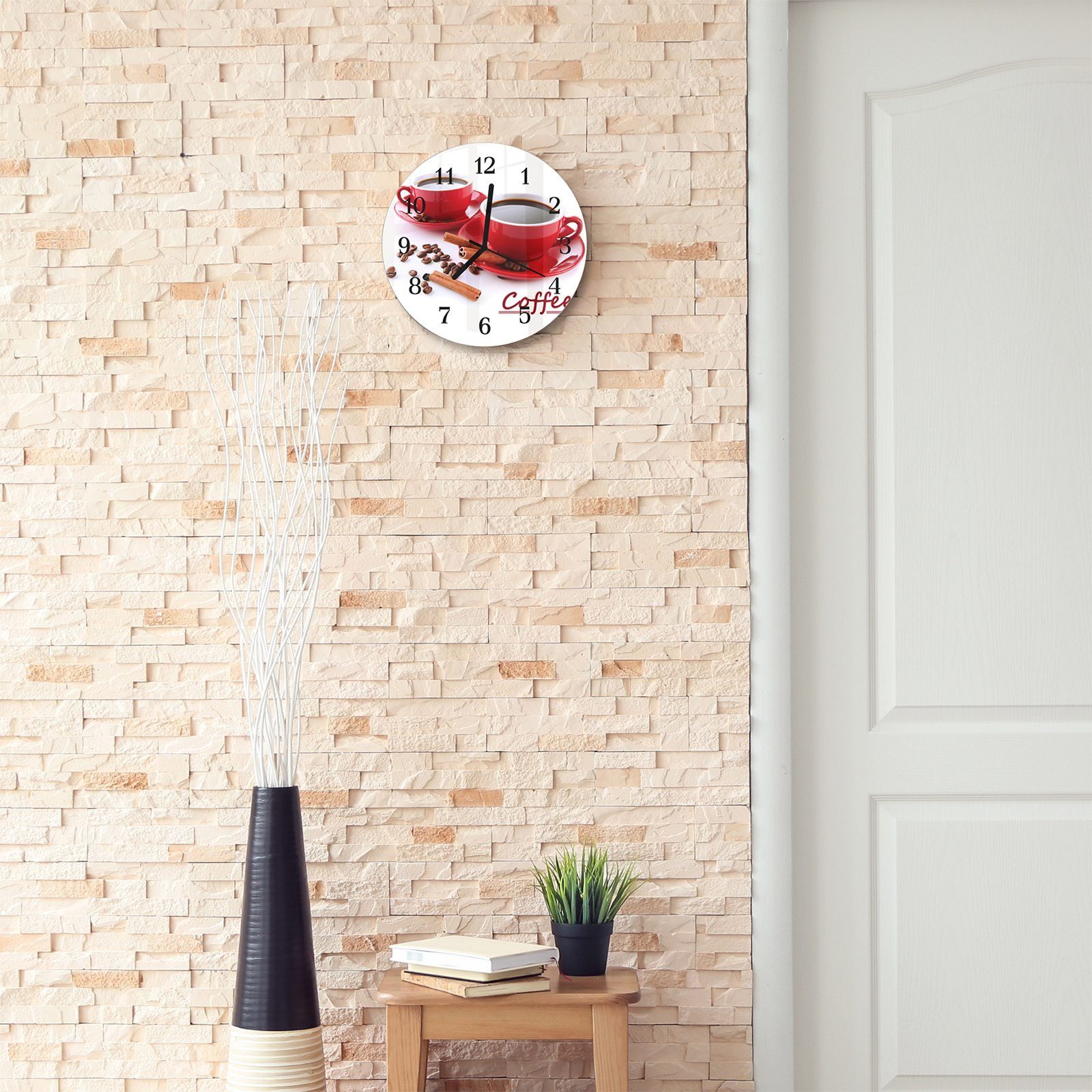 Durchmesser Glas Quarzuhrwerk Motiv in 30 und mit Kaffeetassen Primedeco rot - aus mit Rund cm Wanduhr Wanduhr