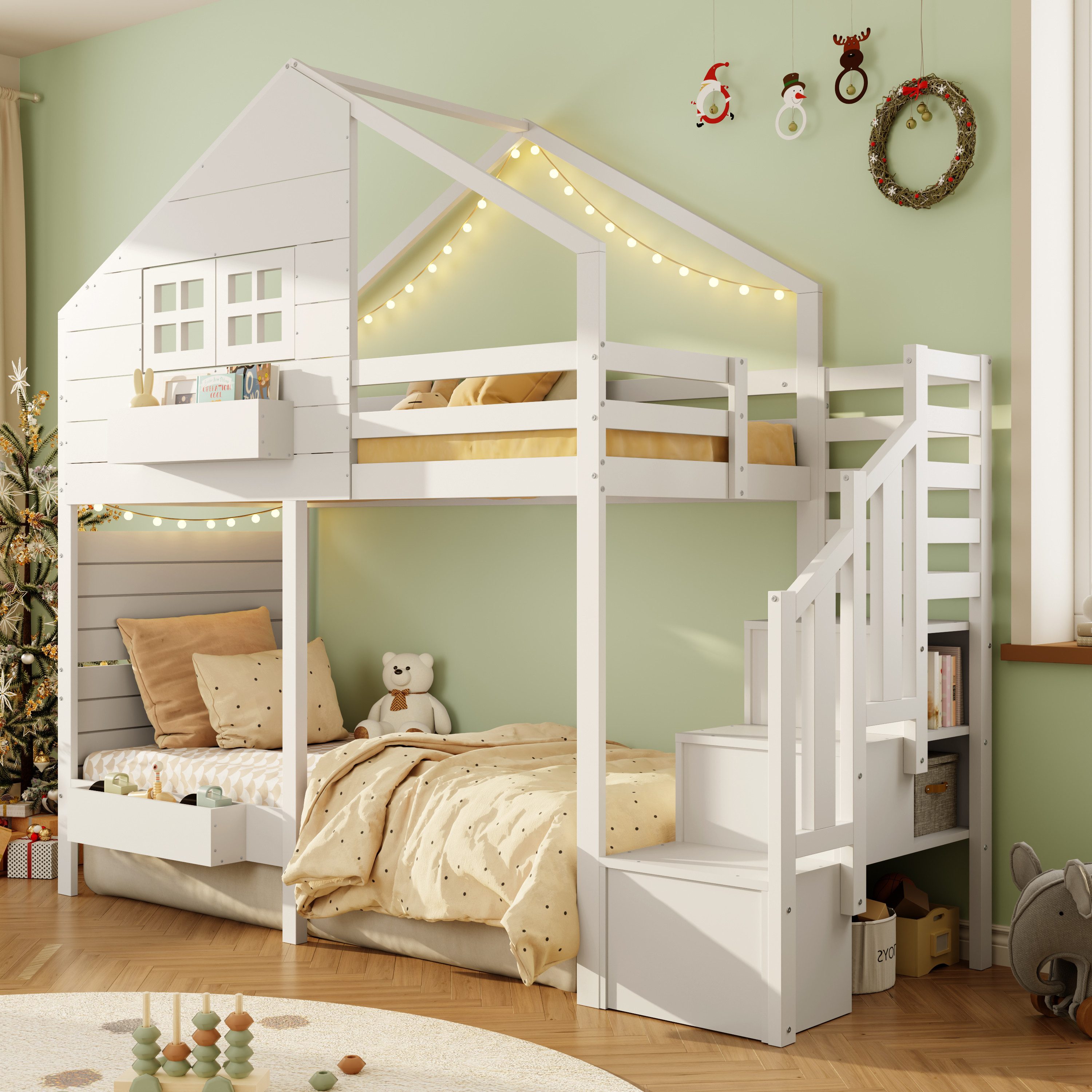 Hochbett 90x200 Hochbett mit Rausfallschutz Fenster Kinderbett mit Matratze