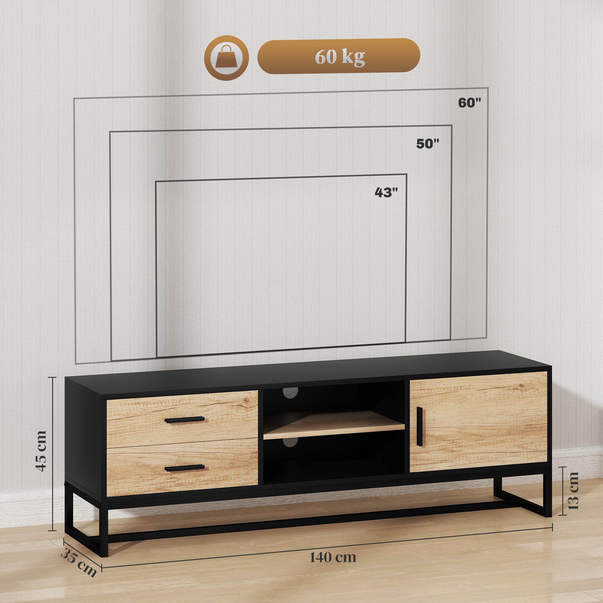 HOMCOM TV-Board Moderner TV-Ständer für Fernseher bis zu 60 Zoll (TV-Einheit mit Schrank, 2 Schubladen und 2 Regalen, 1 St., mit Kabelmanagement), für Wohnzimmer, Schwarz