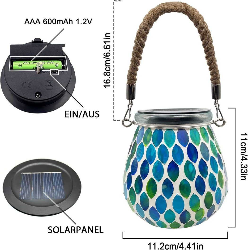 Blau Gartenleuchte Solar-Laterne-Tischlampe TUABUR Solar-Mosaik-Lampe, Einmachglas-Lampe,