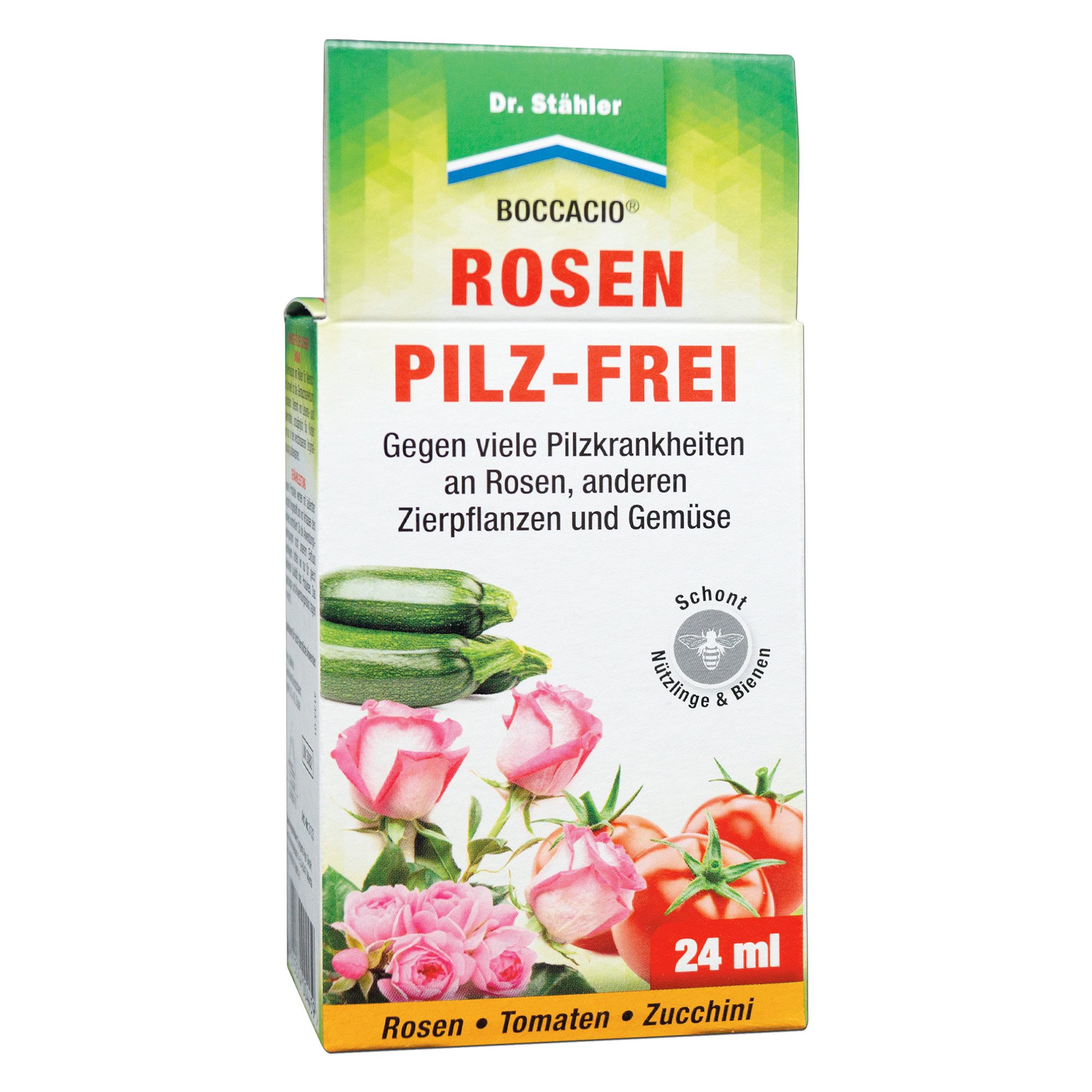 Dr. Stähler Pflanzen-Pilzfrei Boccacio® Rosen Pilz-Frei: Schützt Rosen und Pflanzen vor Pilzen, 24 ml, Bienenfreundlich, Geeignet für Freiland- und Gewächshauskulturen, Systemische Wirkung für langanhaltenden Schutz, Vielseitige Anwendung, Wirksames Pflanzenschutzmittel mit Azoxystrobin – Zuverlässiger Schutz