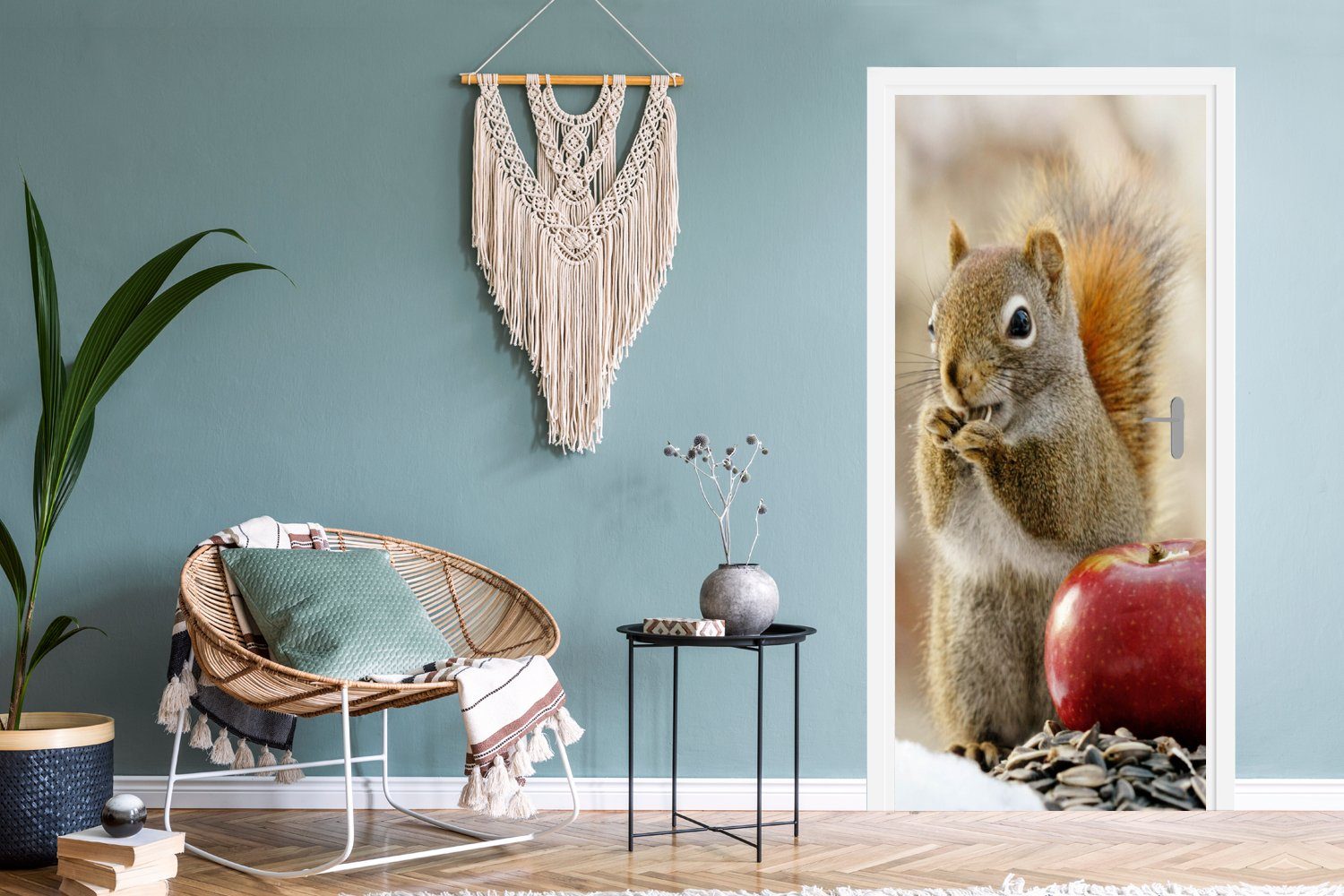 Apfel St), für - Eichhörnchen Türaufkleber, (1 cm Matt, Tür, Blumensamen Schnee, Türtapete 75x205 MuchoWow - bedruckt, - Fototapete