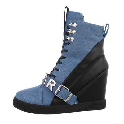 Ital-Design Damen Freizeit Schnürstiefelette Keilabsatz/Wedge High-Heel Півчобітки in Blau