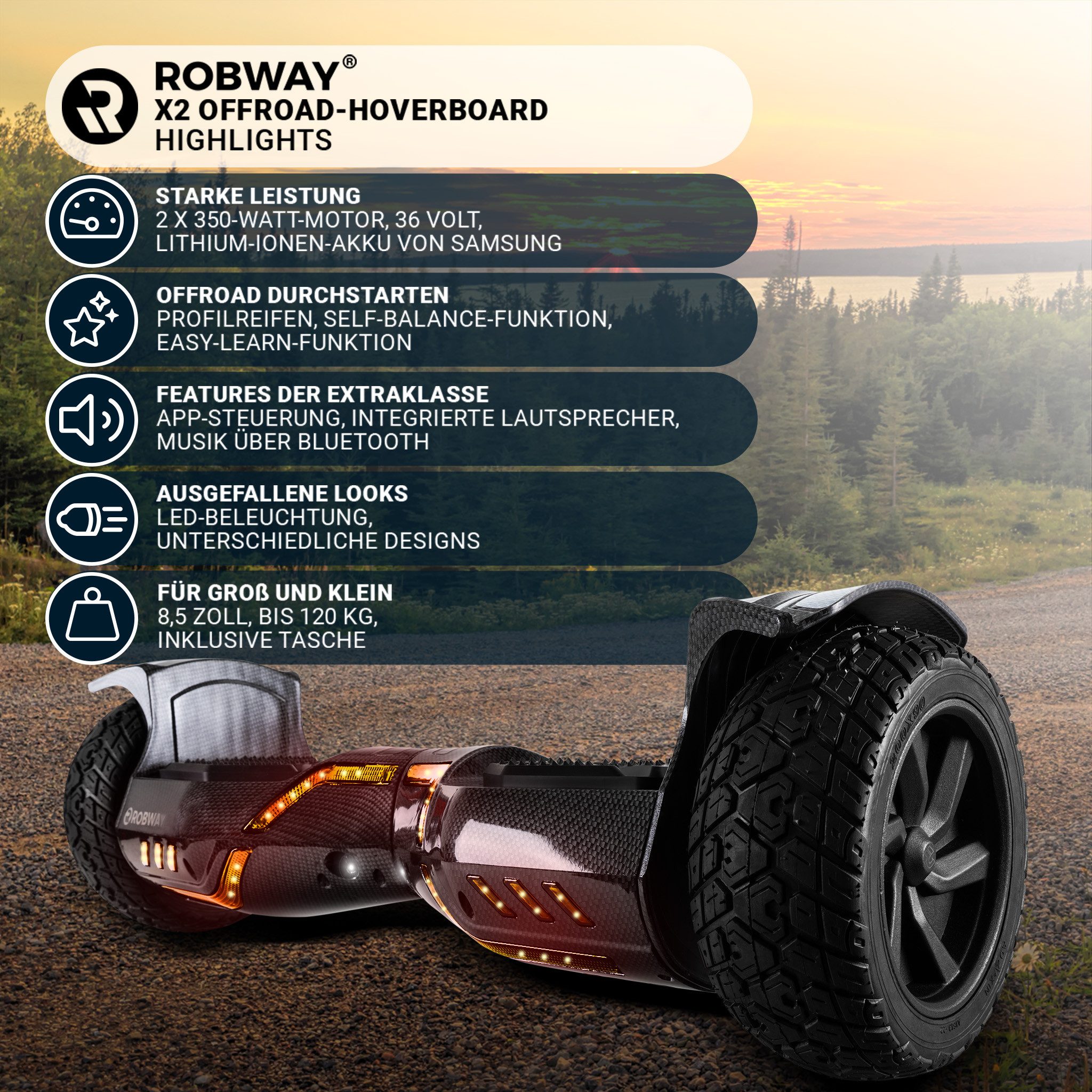 Robway Balance Scooter 8,5” Hoverboard Offroad X2 Samsung Akku & Bluetooth Lautsprecher, 700,00 W, 15,00 km/h, (Hoverbaord, Balance scooter, Balanceboard, 1 tlg., Hoverbaord, Hoverboard, Balanceboard, Skateboard, Driftscooter), Self-Balance-Scooter, Bluetooth, Robway App, LED, Gyrosensoren