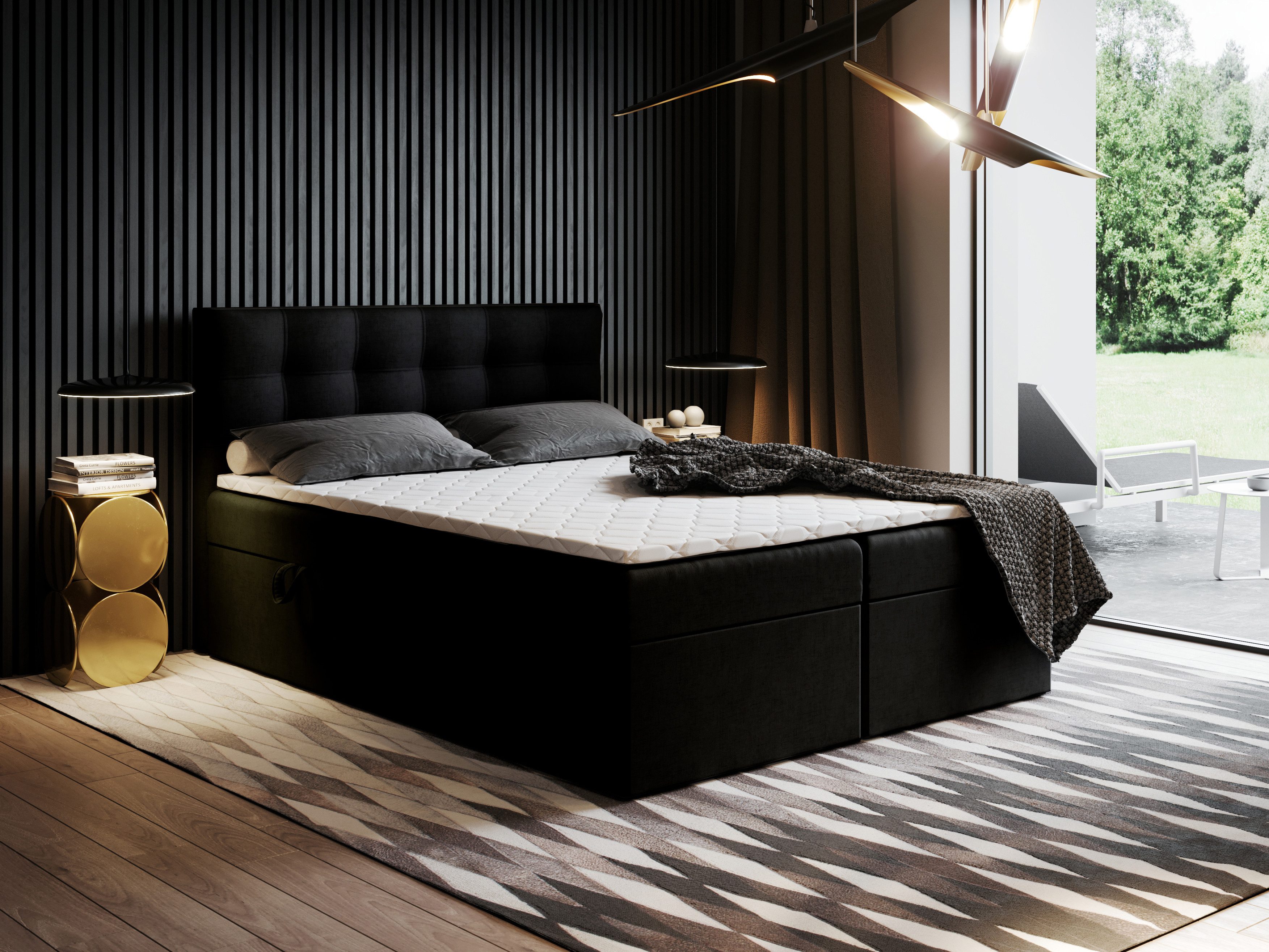 Godre Boxspringbett mit Bettkasten Ewora 120x180 cm mit Bonell Matratze (Bett + Matratze + Topper T-25), Bett mit zwei seitlich zu öffnenden Kästen