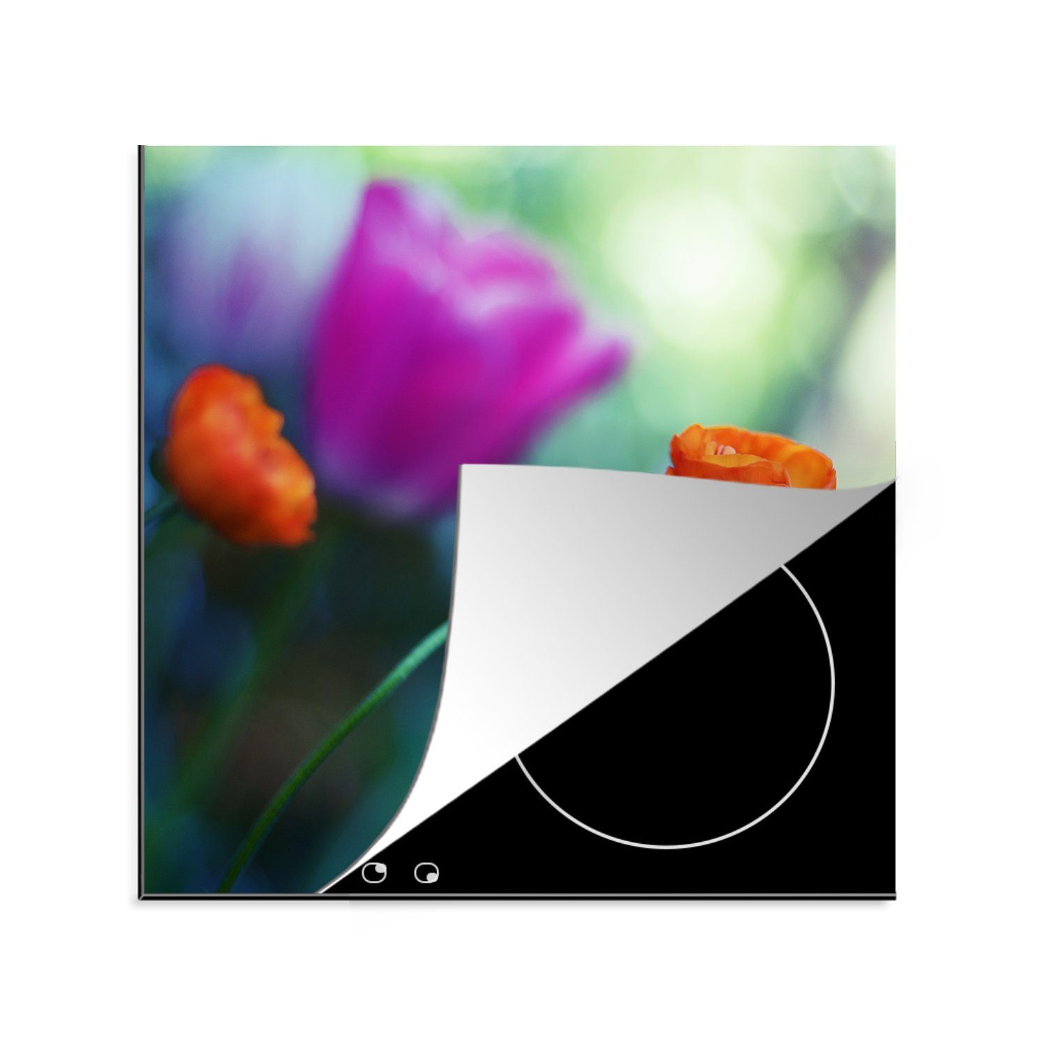 MuchoWow Herdblende-/Abdeckplatte Ein Feld mit lila und orangefarbenen Tulpen, Vinyl, (1 tlg), 78x78 cm, Ceranfeldabdeckung, Arbeitsplatte für küche | Herdabdeckplatten