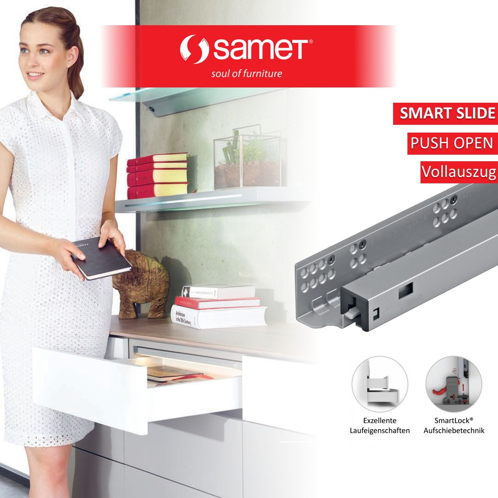 SO-TECH® Auszug Unterflurführung 40 kg 250 - 600 mm UV4-40-K2D-PP Push-Open, SmartSlide, Nenntiefe 250 mm