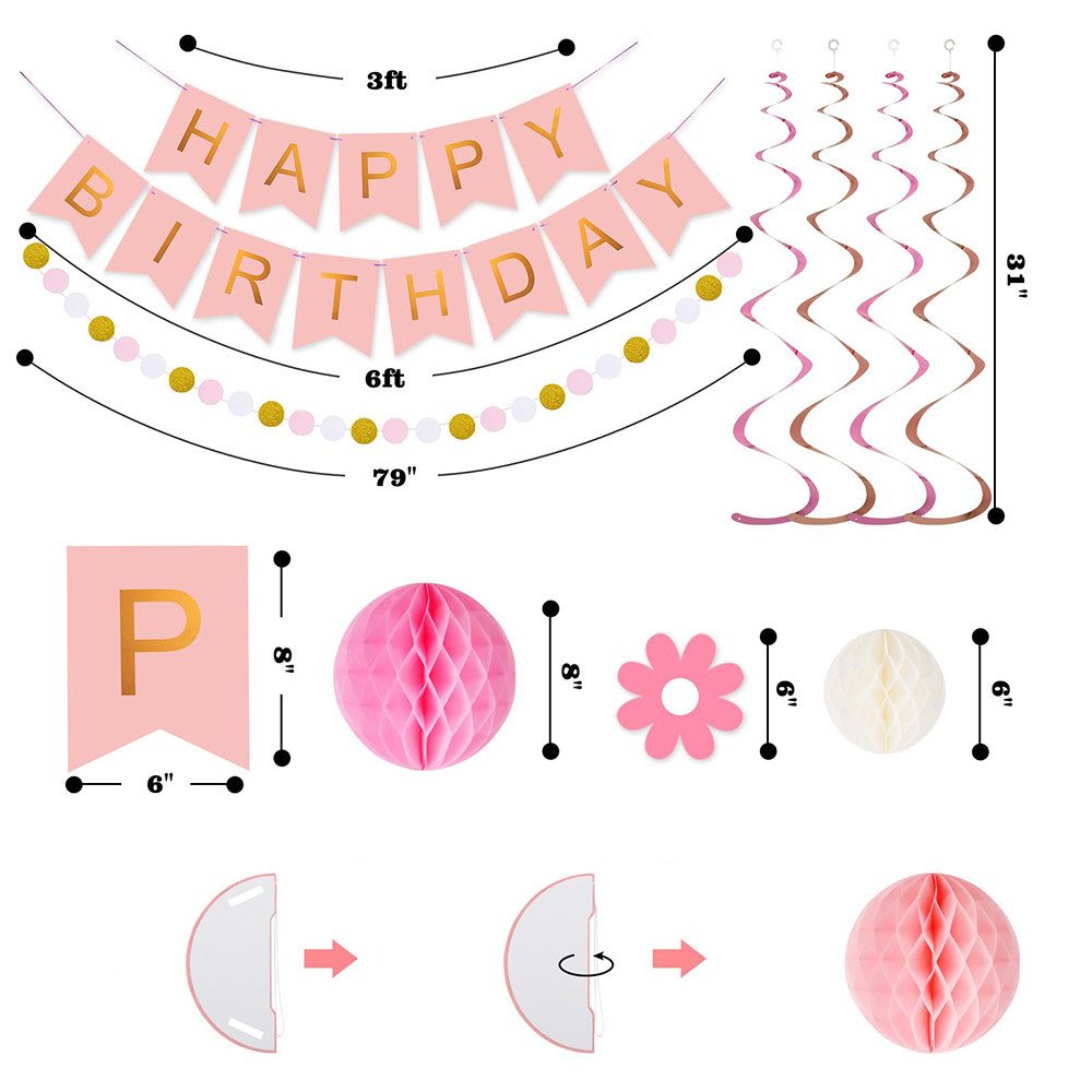 CLTYQ Dekohänger Geburtstagsdeko, Happy Birthday Banner, Party Dekoration (16 St), Happy Birthday Girlande, Wabenbälle,für Geburtstags Party deko