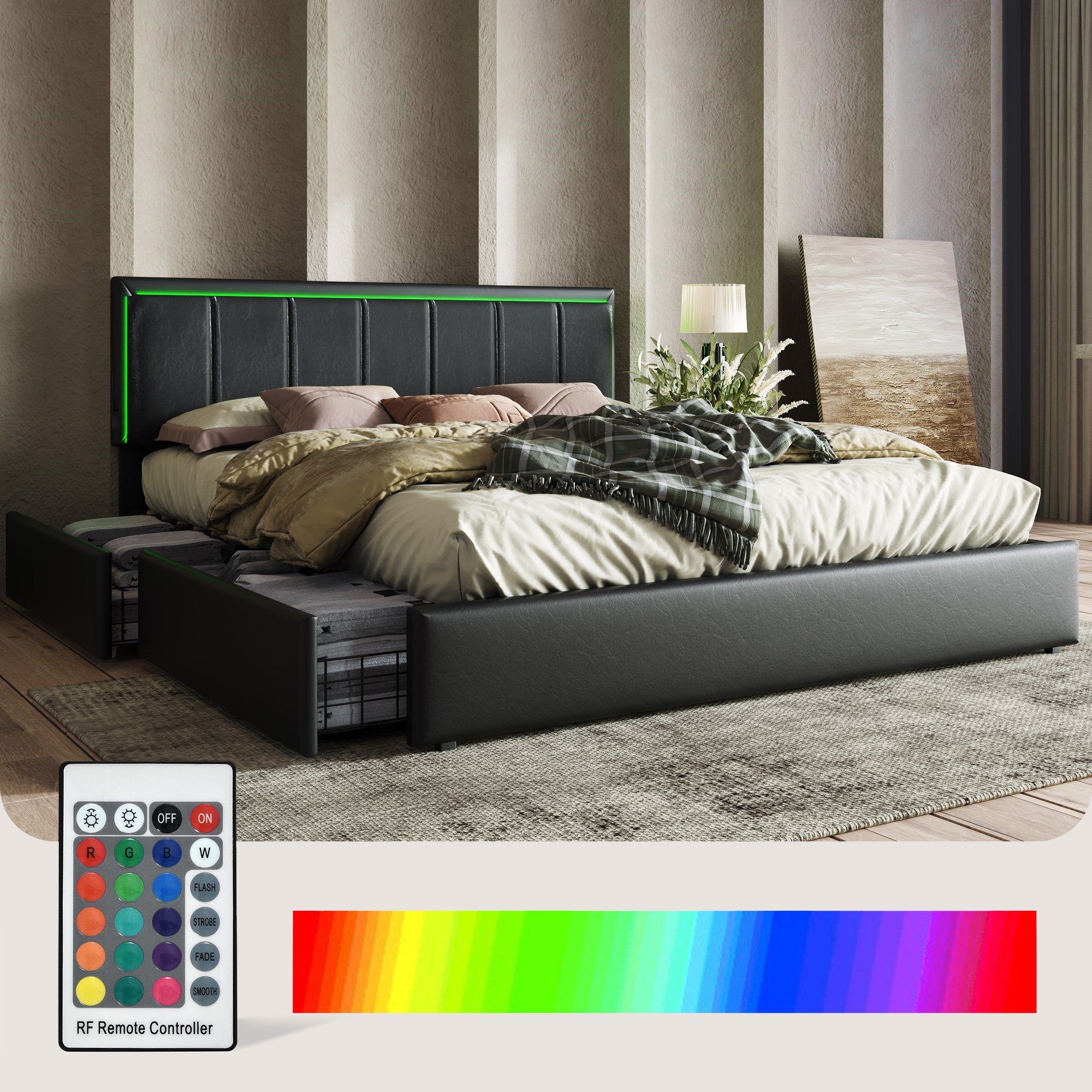 Polsterbett (Funktionsbett, 140 x 200 cm, mit 4 Schubladen, verstellbarem Kopfteil und Lattenrost), Doppelbett mit LED-Beleuchtung, Lattenrost aus Holz, Kunstleder