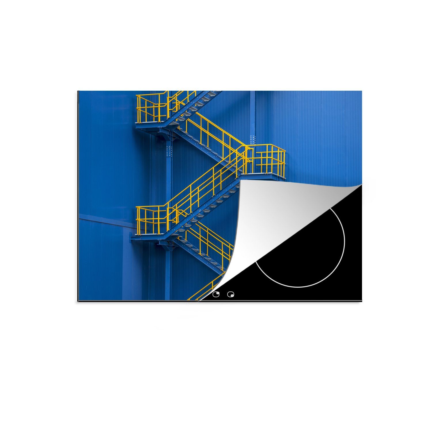 MuchoWow Herdblende-/Abdeckplatte Gelbe Treppe vor einer blauen Wand, Vinyl, (1 tlg), 70x52 cm, Mobile Arbeitsfläche nutzbar, Ceranfeldabdeckung | Herdabdeckplatten