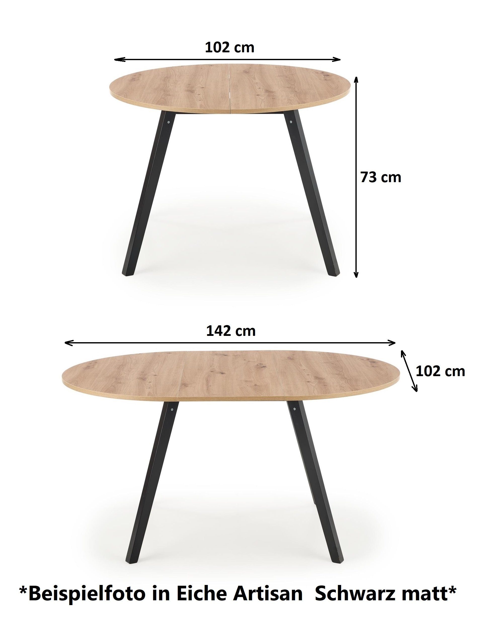 matt HAR-111 Design - ausziehbar rund designimpex 102-142cm Honigeiche Esstisch Tisch Weiß