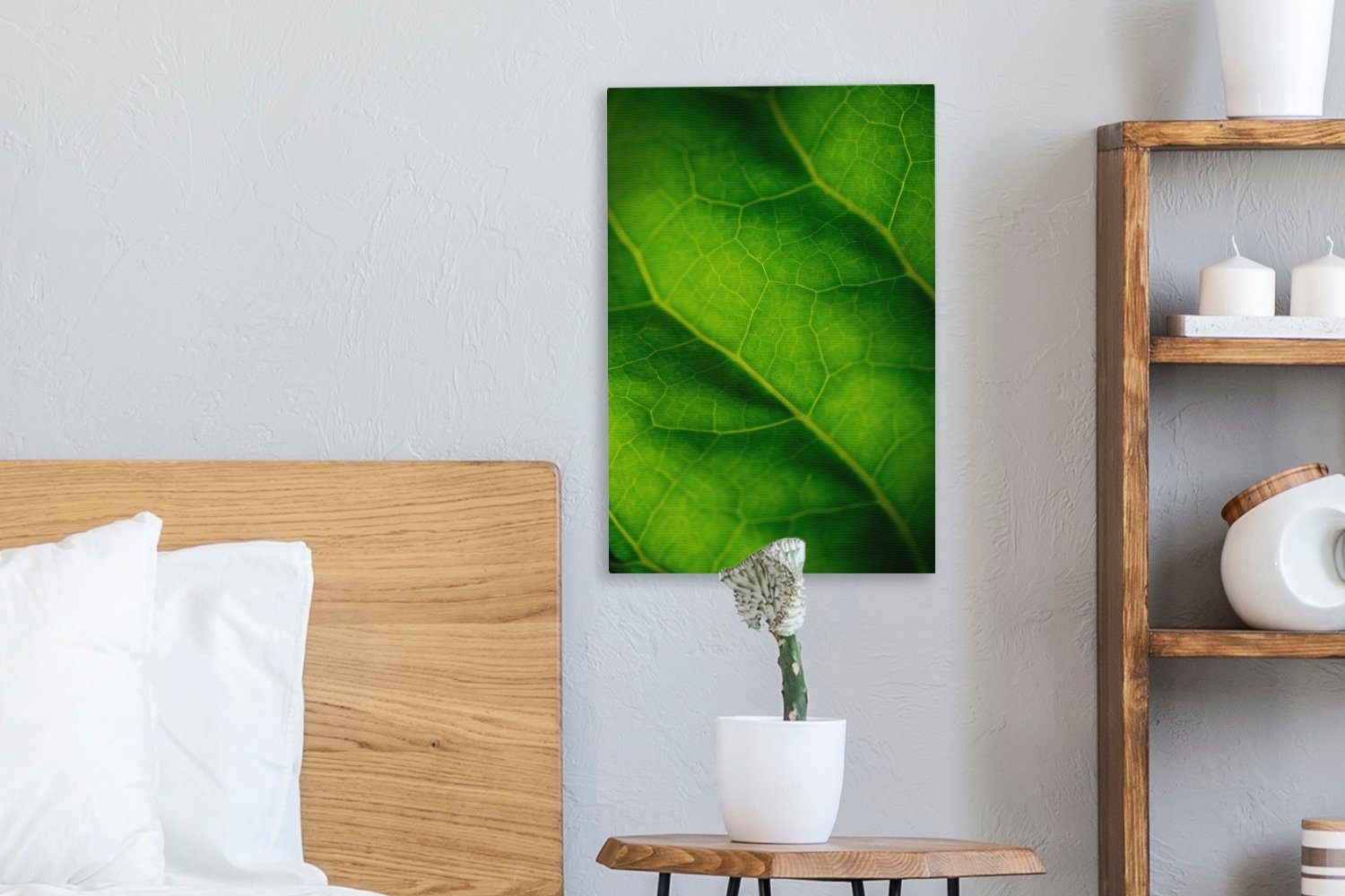 Grüne Gemälde, inkl. (1 cm 20x30 Zackenaufhänger, bespannt eines Farben Leinwandbild St), OneMillionCanvasses® botanischen Blattes, Leinwandbild fertig