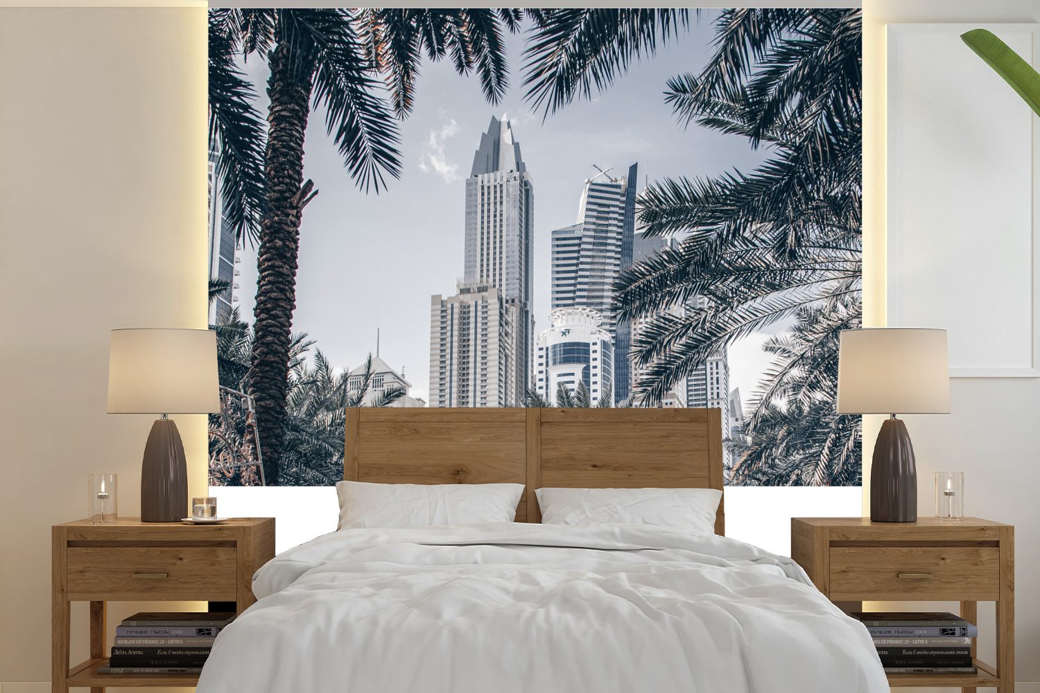 MuchoWow Fototapete Dubai - Palme - Wolkenkratzer, Matt, bedruckt, (5 St), Vinyl Tapete für Wohnzimmer oder Schlafzimmer, Wandtapete