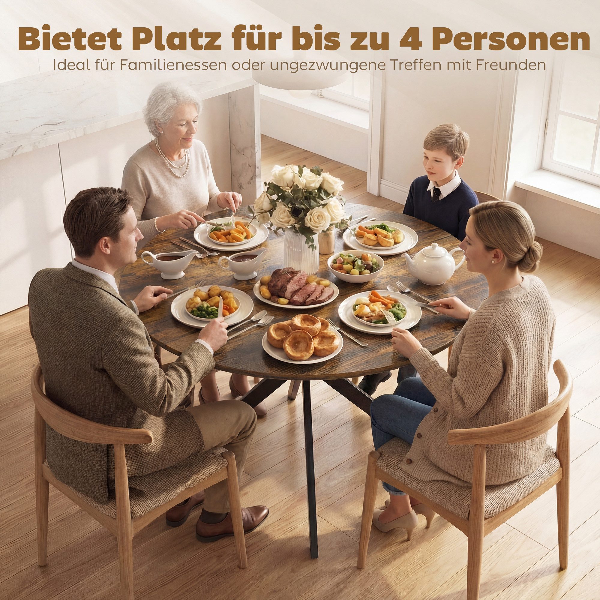 HOMCOM Esstisch Küchentisch im Industriestil mit Stahlbeinen für 4 Personen (für Esszimmer, Küche, Wohnzimmer, 1-St., rund, 120 x 120 x 75 cm), Rustikal-Braun – Bild 5 von 5