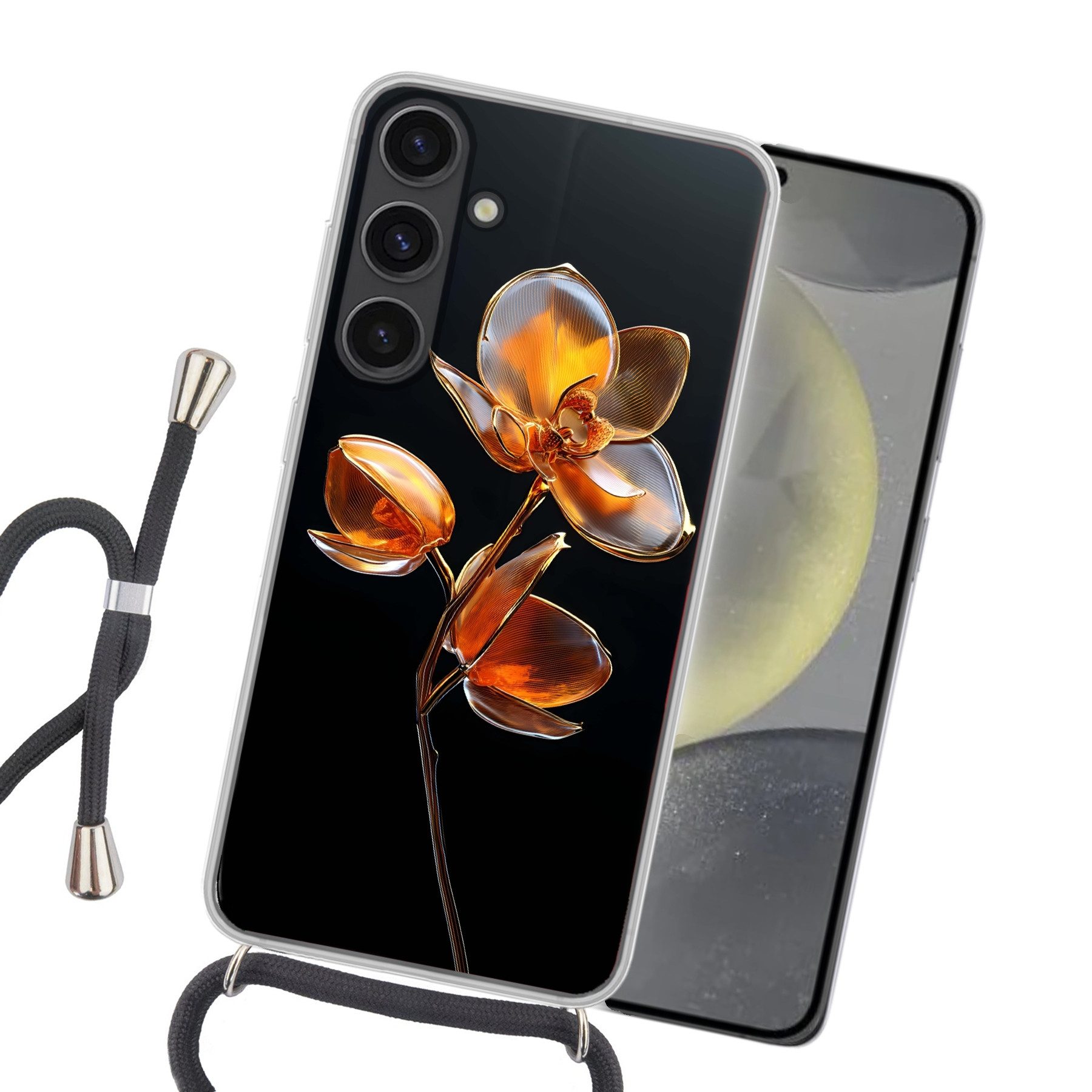 MuchoWow Handyhülle für Samsung Galaxy S24 Plus Blume - Orchidee - Orange, Tragbare Handyhüllen mit Kette zum umhängen, Handykette Handyband