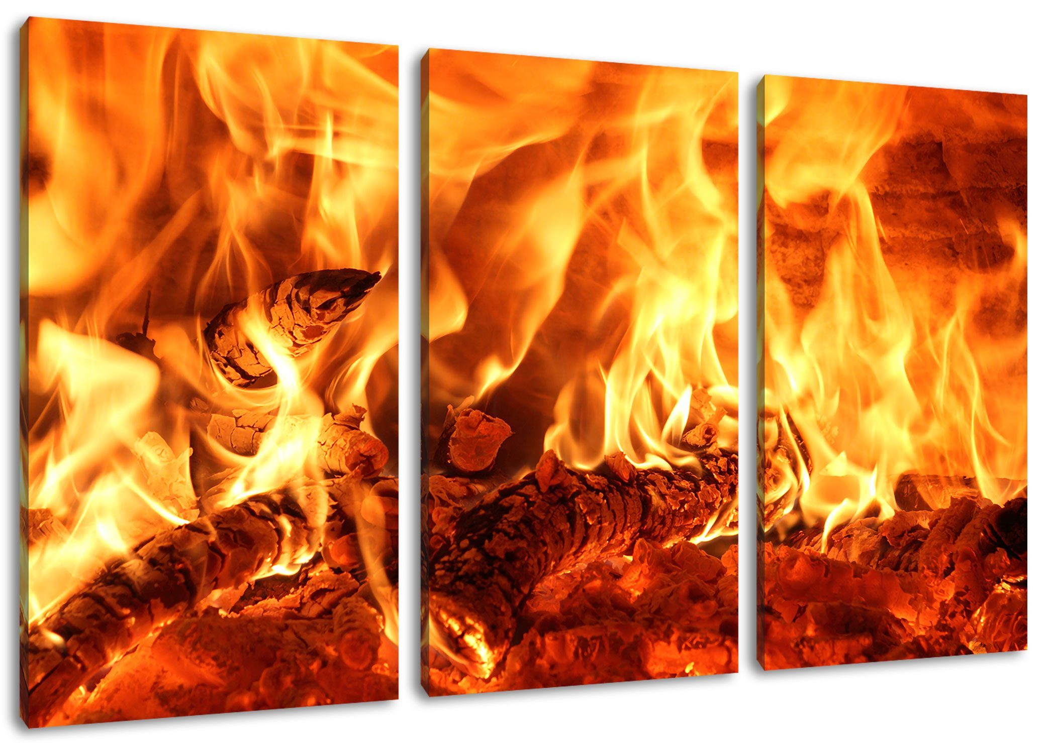 Pixxprint Leinwandbild Feuer, Feuer fertig im 3Teiler Holz Gemütliches (1 Zackenaufhänger Leinwandbild Holz inkl. St), bespannt, Gemütliches (120x80cm) im