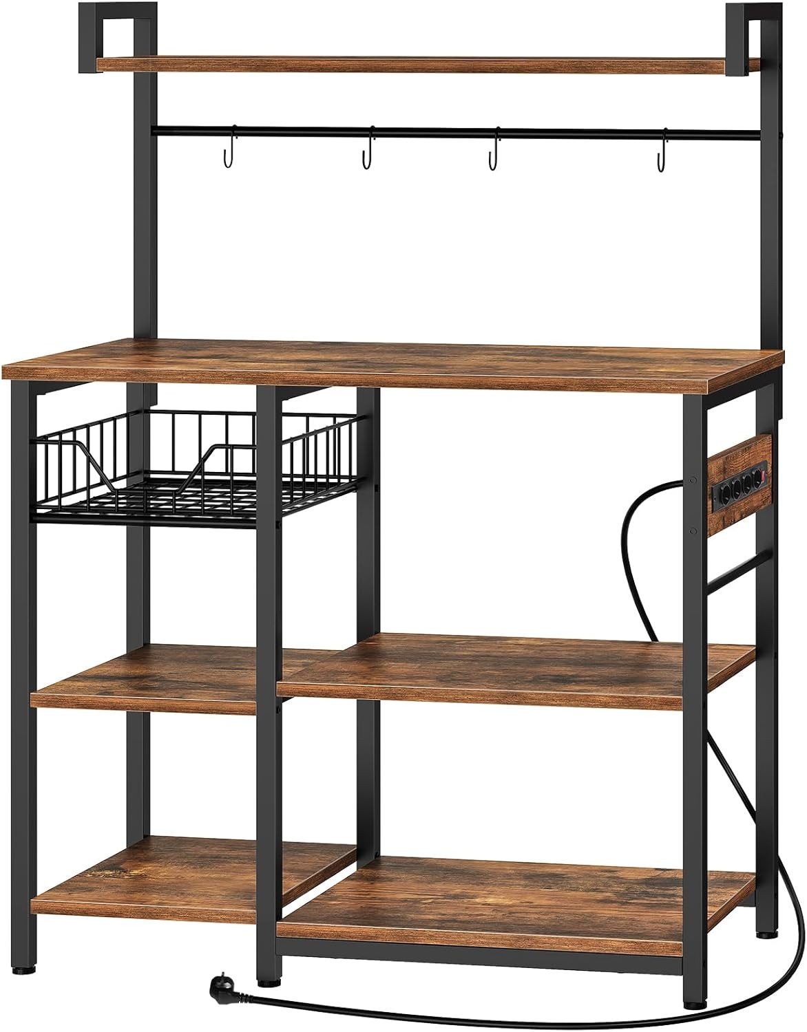 Hoobro Küchenregal Standregal mit Steckdose & Haken,Mikrowellenregal Industrial