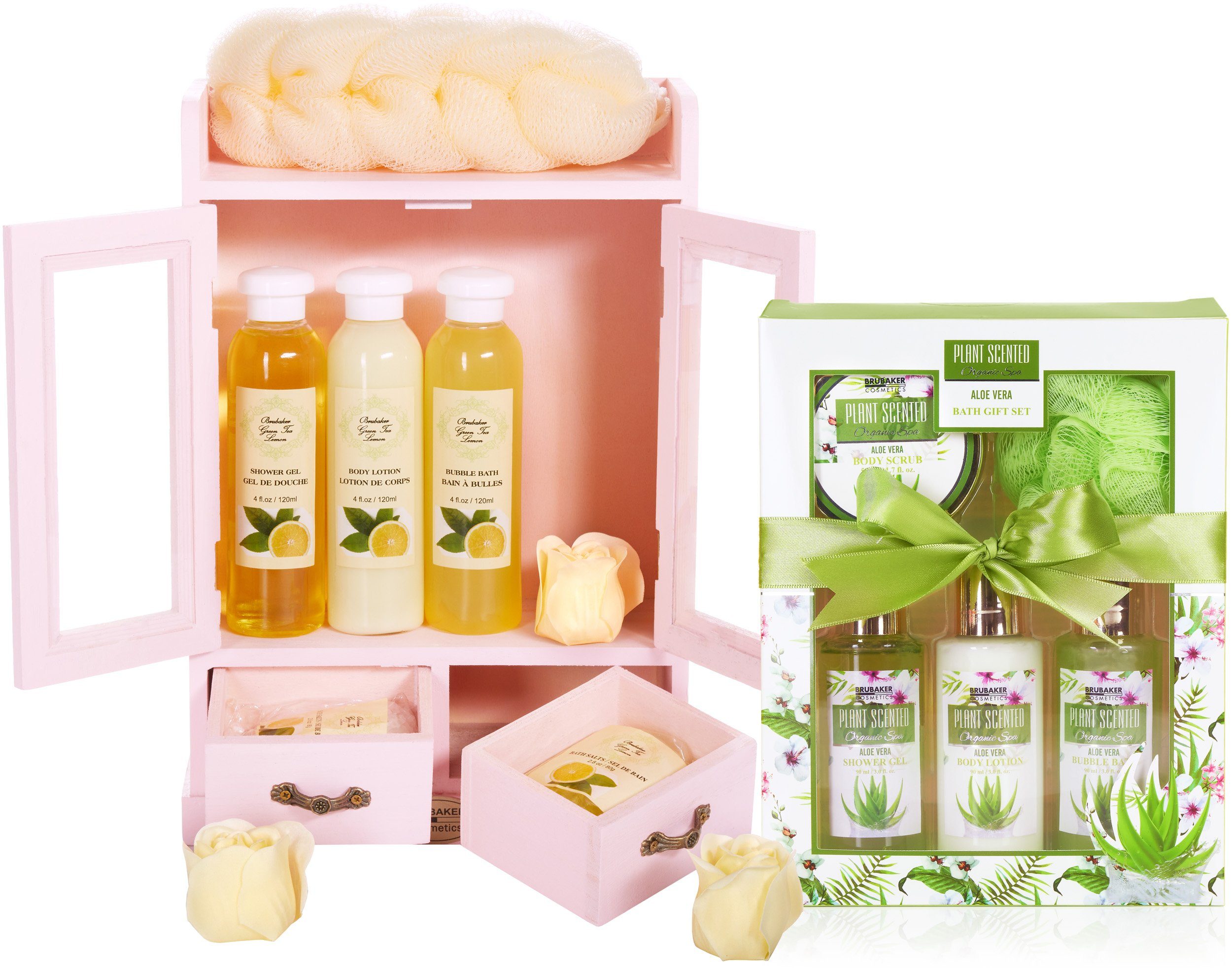 BRUBAKER Pflege-Geschenkset 2 in 1 Pflegeset Grüner Tee Lemon & Aloe Vera - Wellness Set, 15-tlg., Damen Dusch- und Badeset - Frauen Beauty Geschenkset mit Dekoration