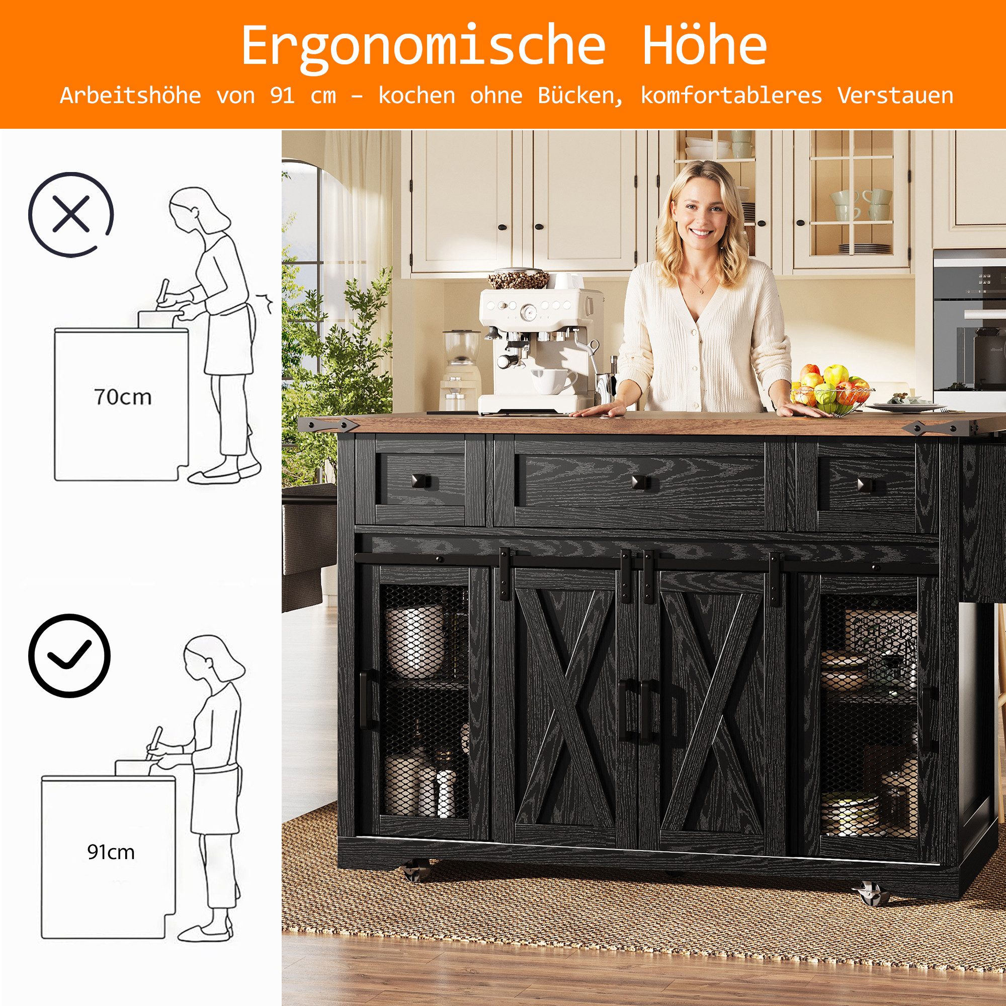 i@home Kücheninsel freistehender Küchenwagen, (USB & Steckdosen), auf Rollen mit ausziehbarer Arbeitsplatte & Stromanschluss – Bild 4 von 5