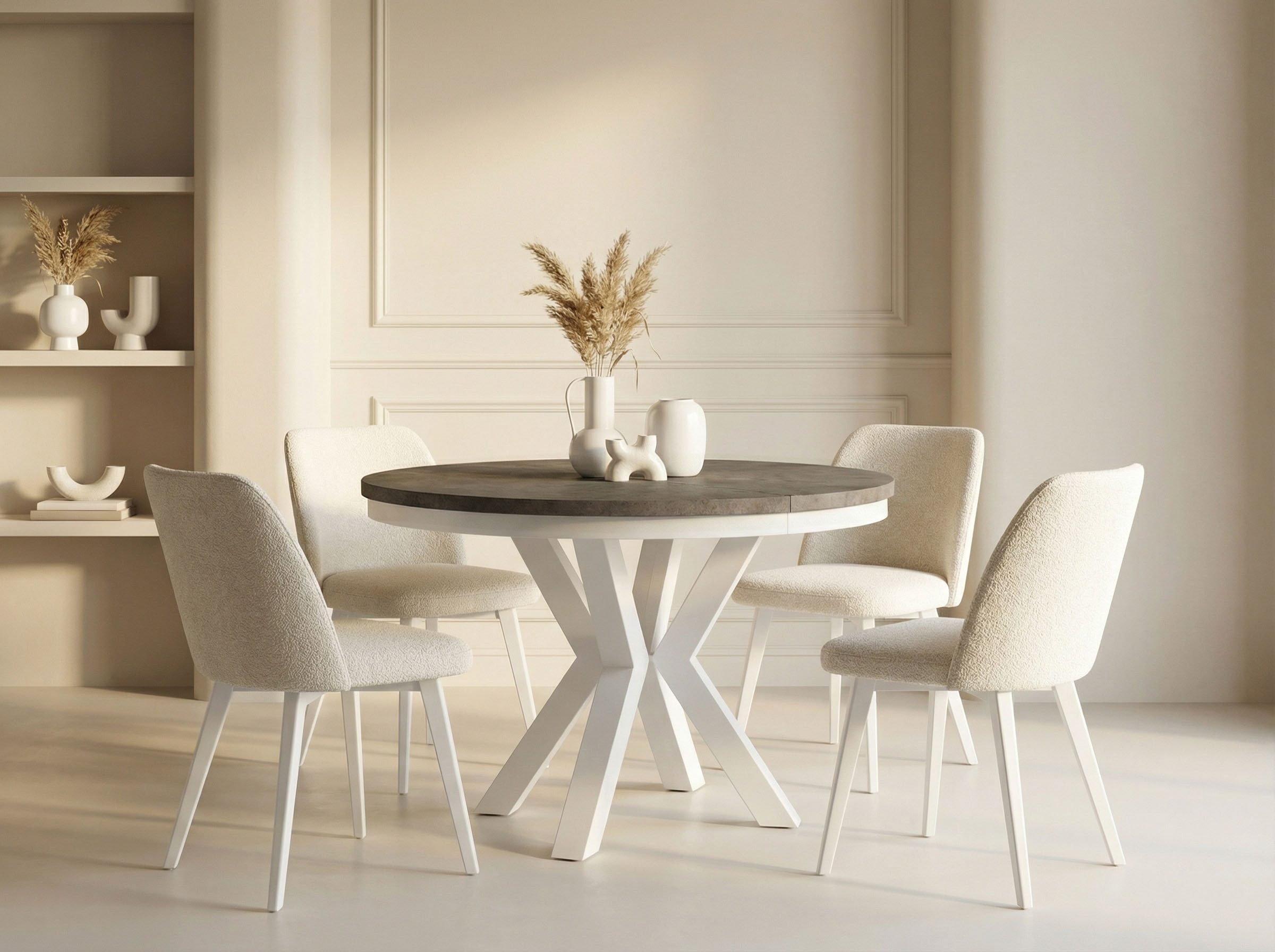 WFL GROUP Esstisch Clara White im Loft-Stil rund ausziehbar mit weißen Metallbeinen (MADE IN EU, erhältlich in zwei Größen – 100/120 cm, ausziehbar auf 180/200 cm), platzsparender Industrial Tisch in Holzoptik für Wohnzimmer oder Küche