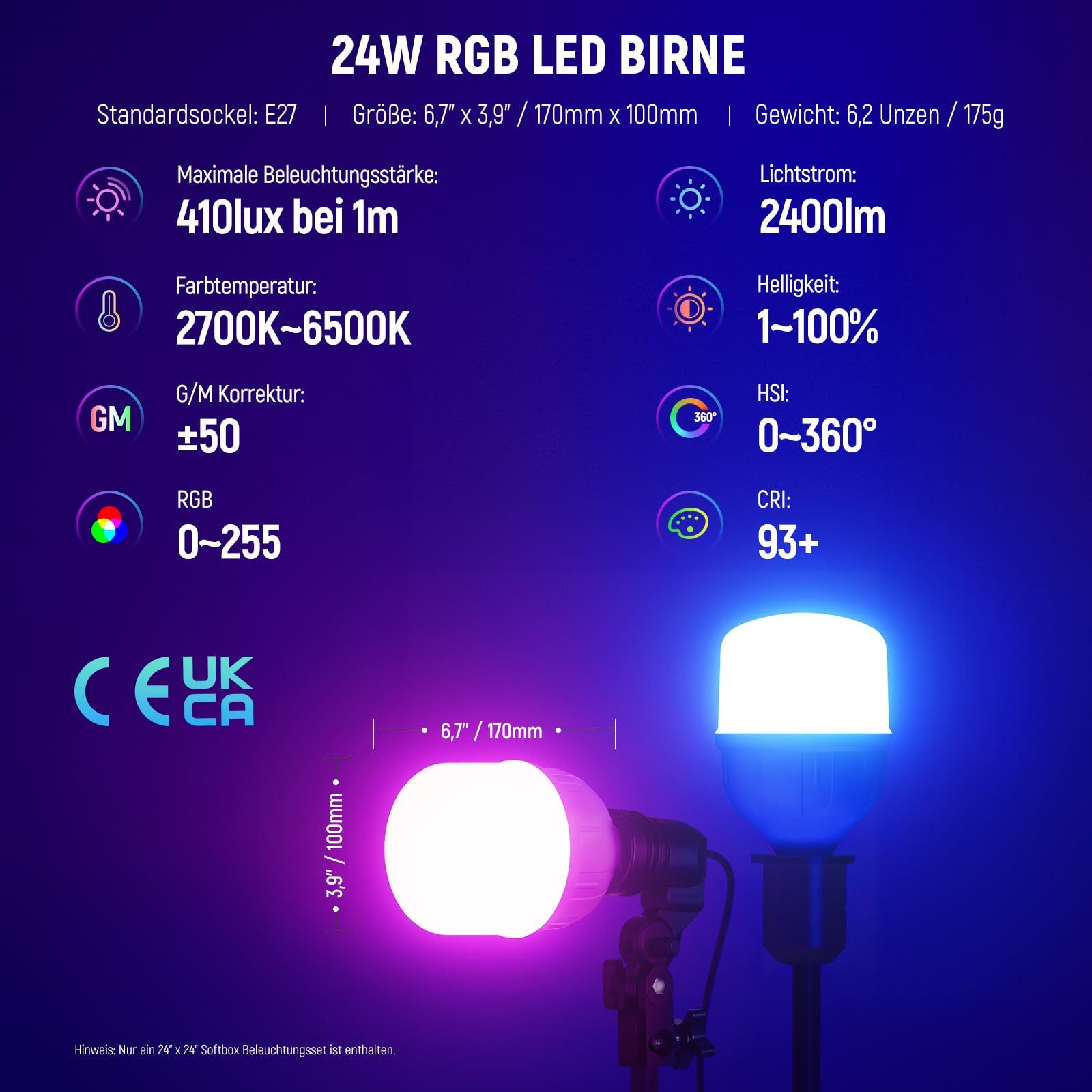 Neewer NK300 RGB Softbox Beleuchtung Set, 24W LED Glühbirne, Dimmbar, CRI93+ Studio-Blitzgerät, (TLCI98+, App-Steuerung, E27 Porzellanfassung, für Studiofotografie)