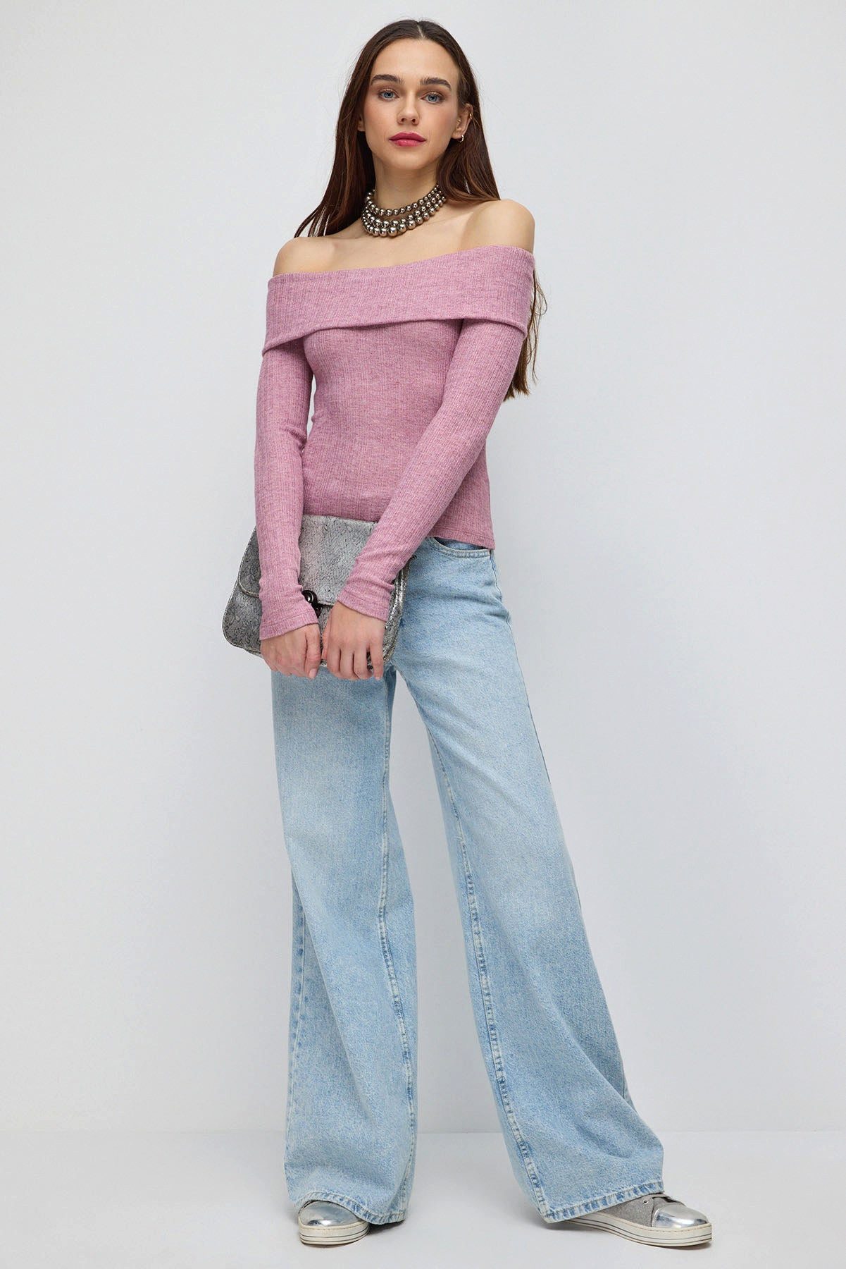 No Matter What Blusentop Graue schulterfreie Langarm-Damenbluse mit taillie günstig online kaufen