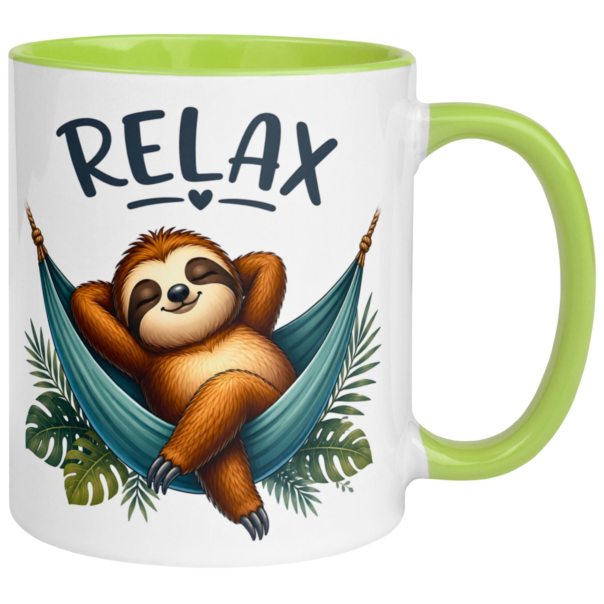 Momentals Tasse Faultier – „RELAX“ – lustiger Anti Stress Geschenk Becher Meditation, Gratis Versand · Links-&Rechtshänder · Spülmaschinenfest