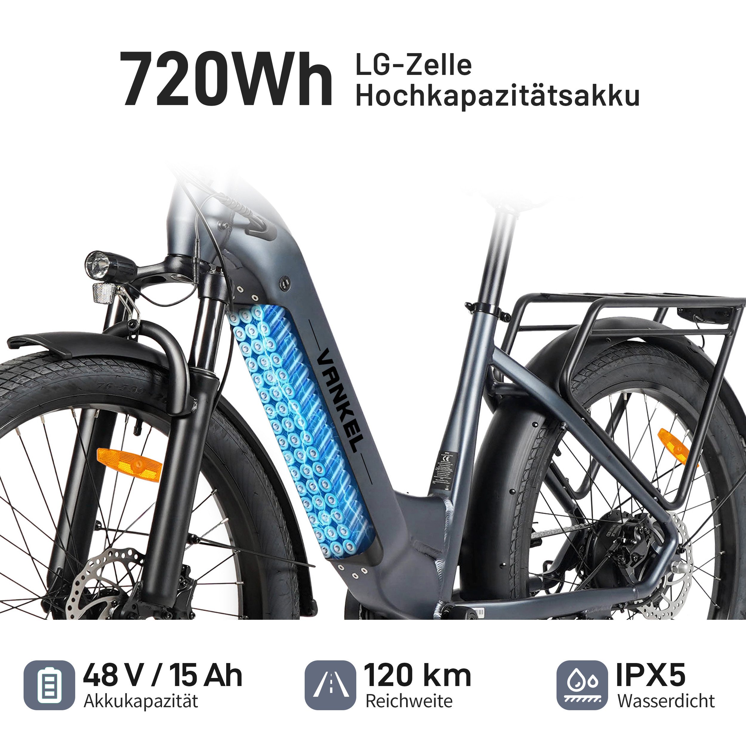 Vankel E-Bike Cityrad 26”×3,0/29”×2,4 Zoll E-Fahrrad Damen u. Herren 720 WH Pedelec 120 km, Kettenschaltung, Heckmotor, 720 Wh, Fat Mountain LG Akku All-Terrain mit Drehmomentsensor E-bikes