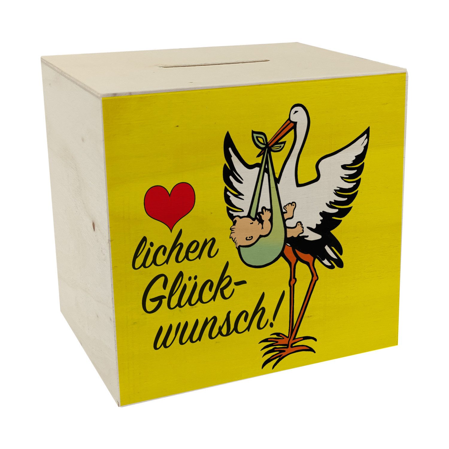 Spardose Storch und Kind Spardose aus Holz zur Geburt mit niedlichem Motiv in
