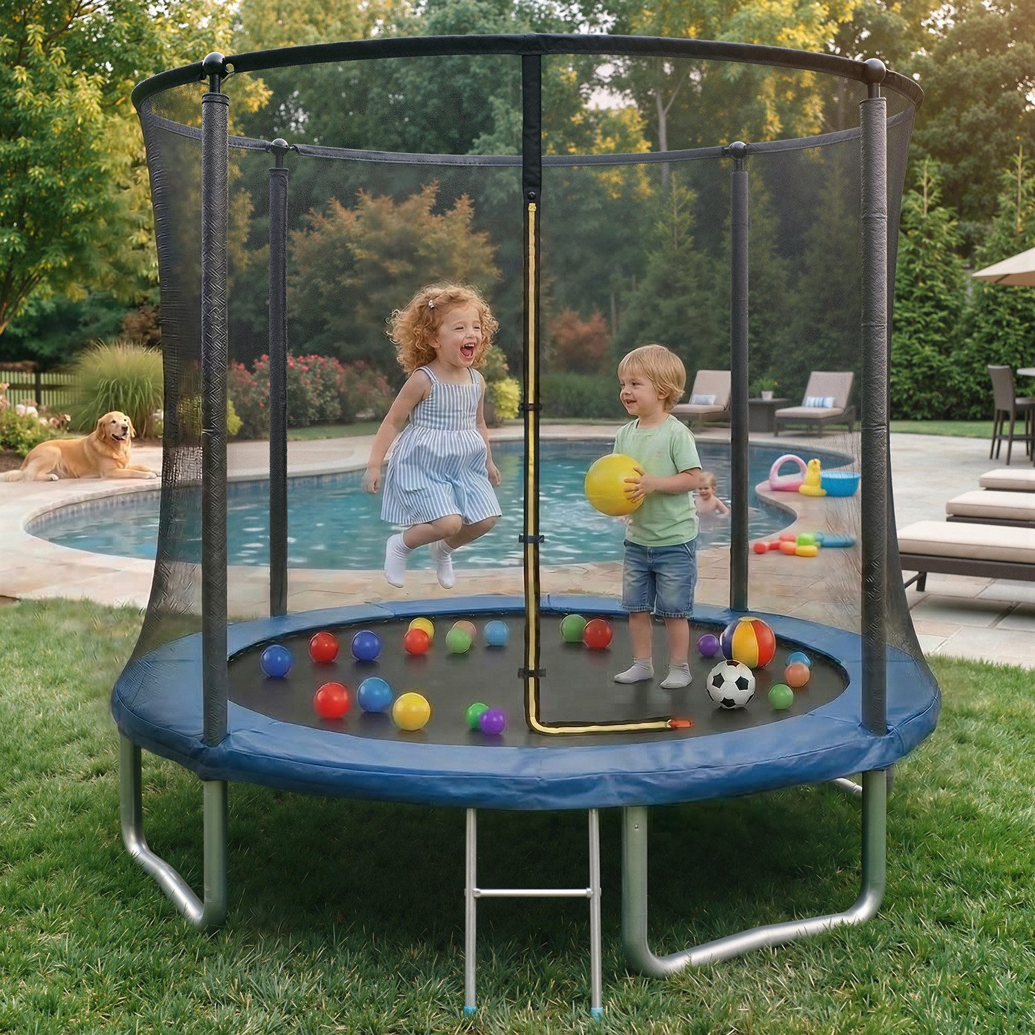 GUNJI Gartentrampolin 183/228/305 cm Garten-Kindertrampolin, max. Belastbarkeit 150KG, Ø 183 cm, (183// 228/305/366/427 cm, Outdoor-Gartentrampolin mit Sicherheitsnetz, doppelter Schutz mit Schutzmatte)