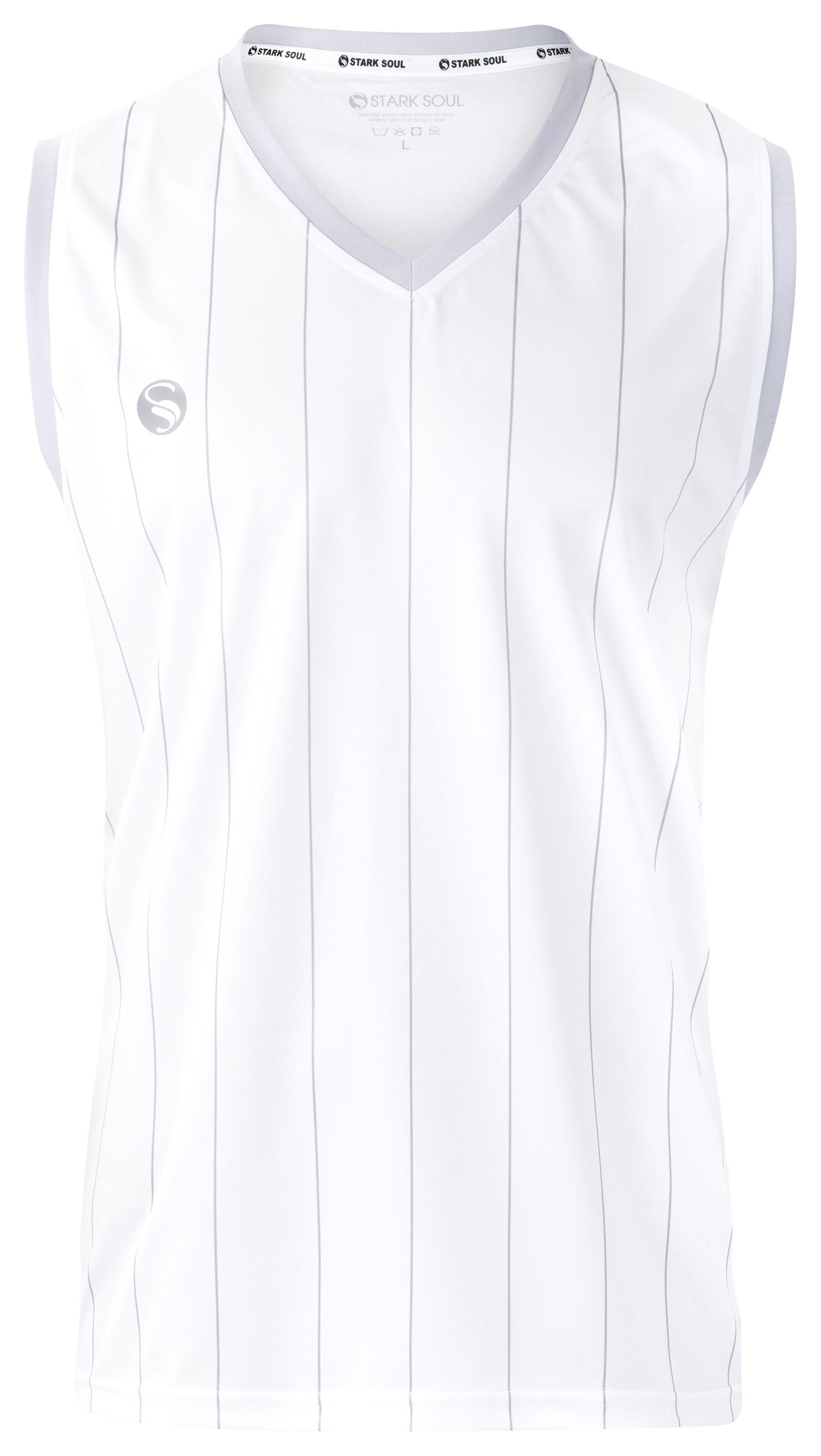 Stark Soul® Trainingsshirt Ärmelloses Sport T-Shirt "Pinstripes" mit V-Ausschnitt mit Logo-Print Weiß | Funktionsshirts