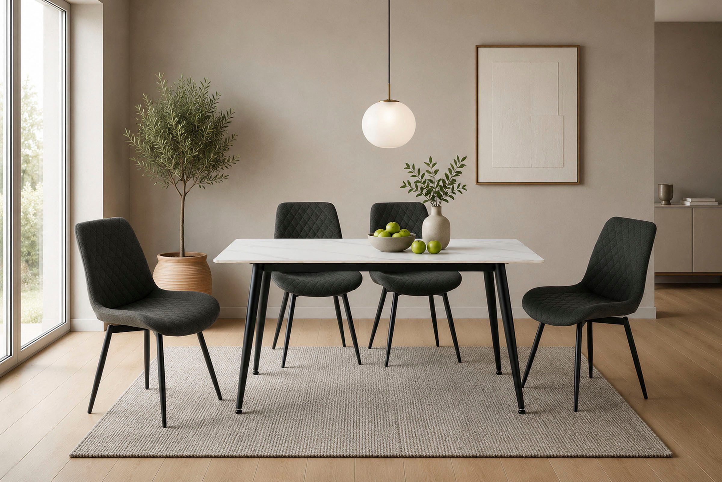 OTTO home Essgruppe Juniper, Set, 5-tlg., (Set, 5-tlg., 4 Stühle + 1 Esstisch), Tisch 140x80cm in Sinterstein-Keramikoptik mit 4 Stühlen, 360° drehbar