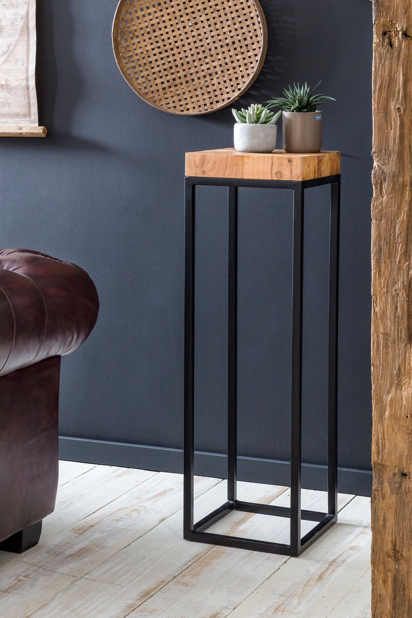 Wohnling Beistelltisch WL5.654 Akazie Holz Metall Industrial Telefontisch Blumentisch (30x97x30 cm Massivholz Metall Quadratisch), Kleiner Wohnzimmertisch, Sofatisch Kaffeetisch