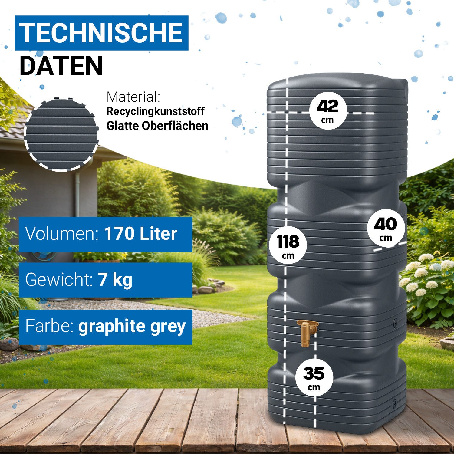 4rain Regentonne QUADRO Wandtank 170 Liter graphite grey, 170 l