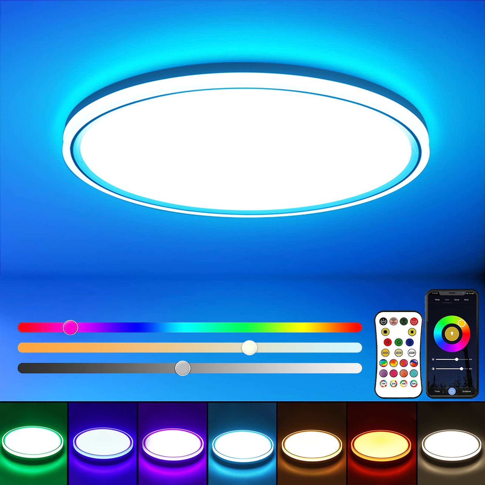 und 6500K Deko Smart, App dimmbar, Deckenleuchte Musiksyn, 4000K Kinderzimmer RGBCW, Badezimmer, Neutralweiß, LED RGB+CCT(3000K für Ø30cm, Warmweiß, Kaltweiß), Rosnek Schlafzimmer Unterputzmontage, Fernbedienung,